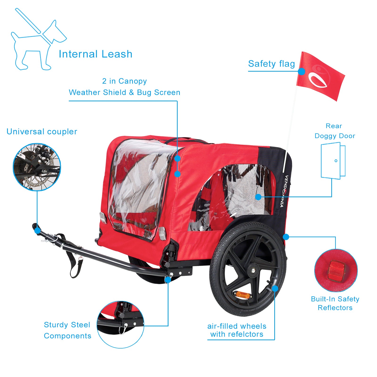 Bicycle Trailer For Pets Outdoor Foldable Red Color Dog Trailer With Reflectors And Safty Flag Red Oxford Fabric Steel