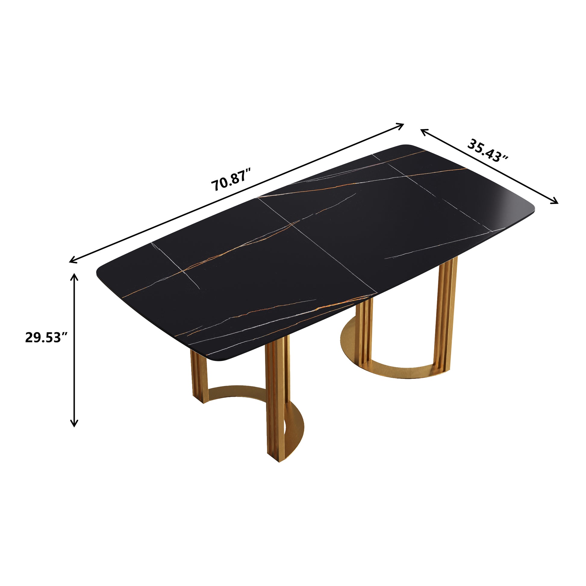 70.87"Modern Artificial Stone Black Curved Golden Metal Leg Dining Table Can Accommodate 6 8 People Black Metal Sintered Stone