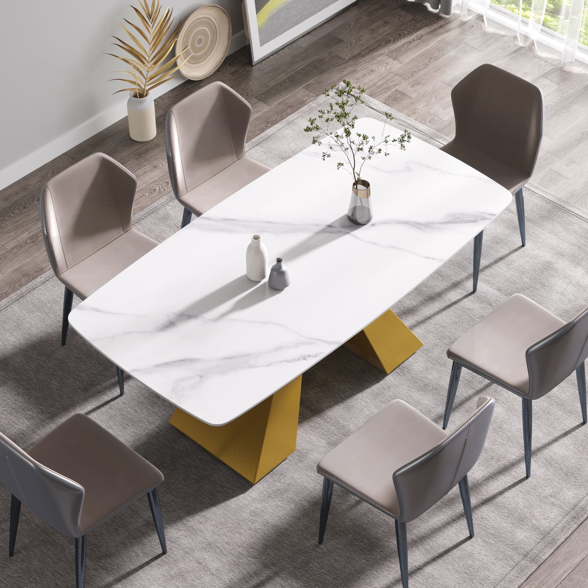 70.87"Modern Artificial Stone White Curved Golden Metal Leg Dining Table Can Accommodate 6 8 People White Metal Sintered Stone