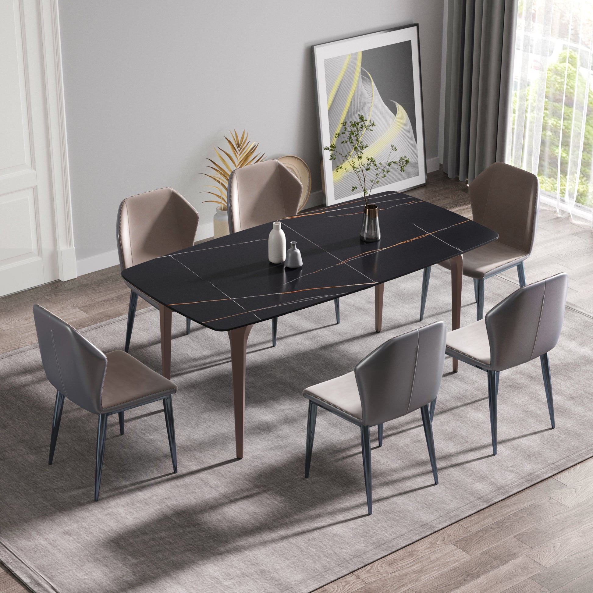 70.87"Modern Artificial Stone Black Curved Metal Leg Dining Table Can Accommodate 6 8 People Black Metal Sintered Stone