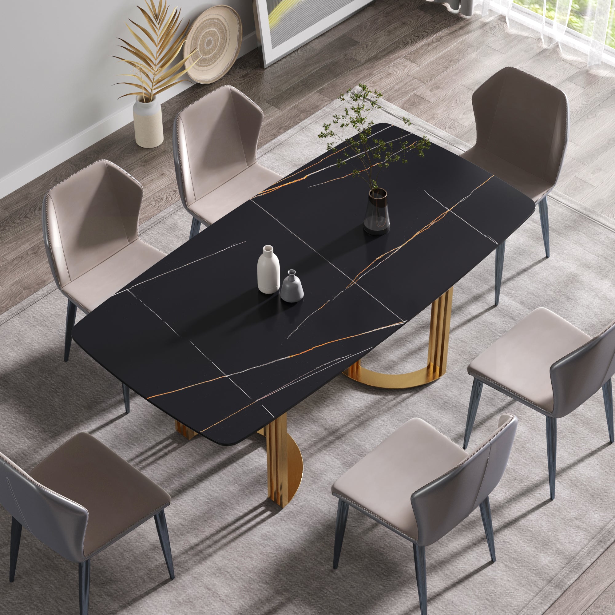 70.87"Modern Artificial Stone Black Curved Golden Metal Leg Dining Table Can Accommodate 6 8 People Black Metal Sintered Stone