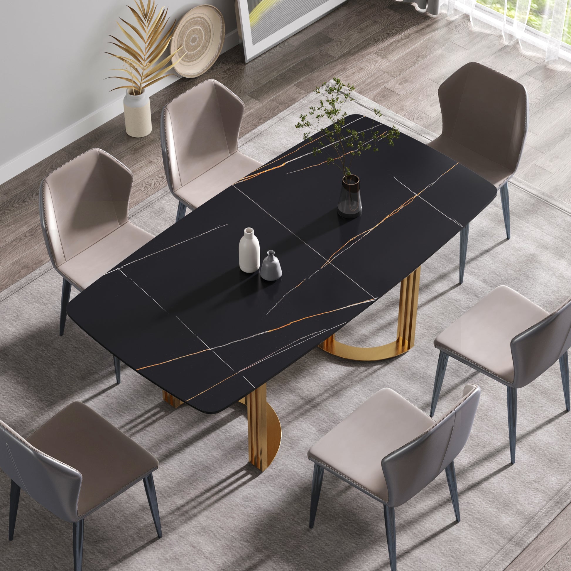 70.87"Modern Artificial Stone Black Curved Golden Metal Leg Dining Table Can Accommodate 6 8 People Black Metal Sintered Stone