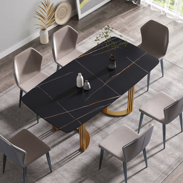 70.87"Modern Artificial Stone Black Curved Golden Metal Leg Dining Table Can Accommodate 6 8 People Black Metal Sintered Stone