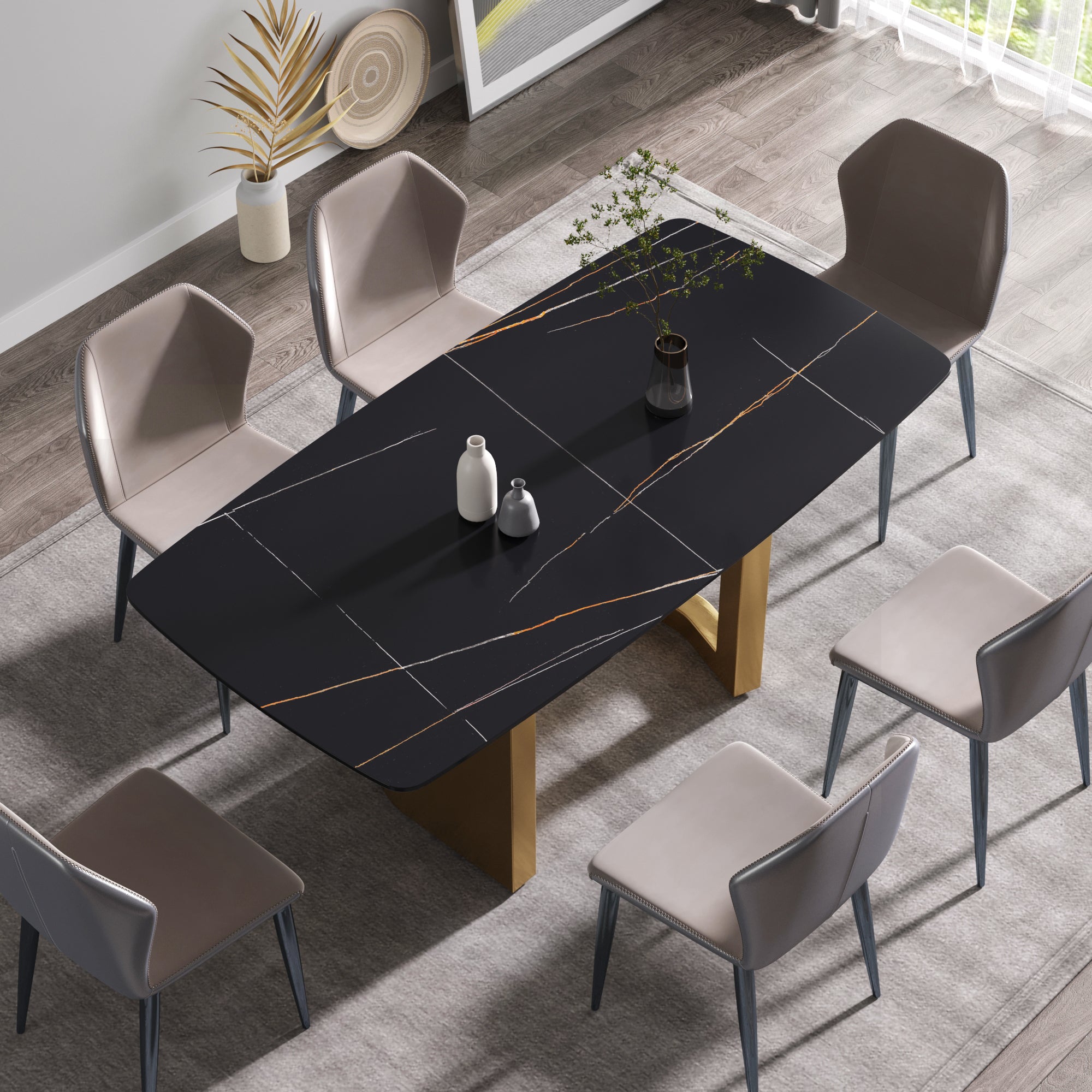 70.87"Modern Artificial Stone Black Curved Golden Metal Leg Dining Table Can Accommodate 6 8 People Black Metal Sintered Stone