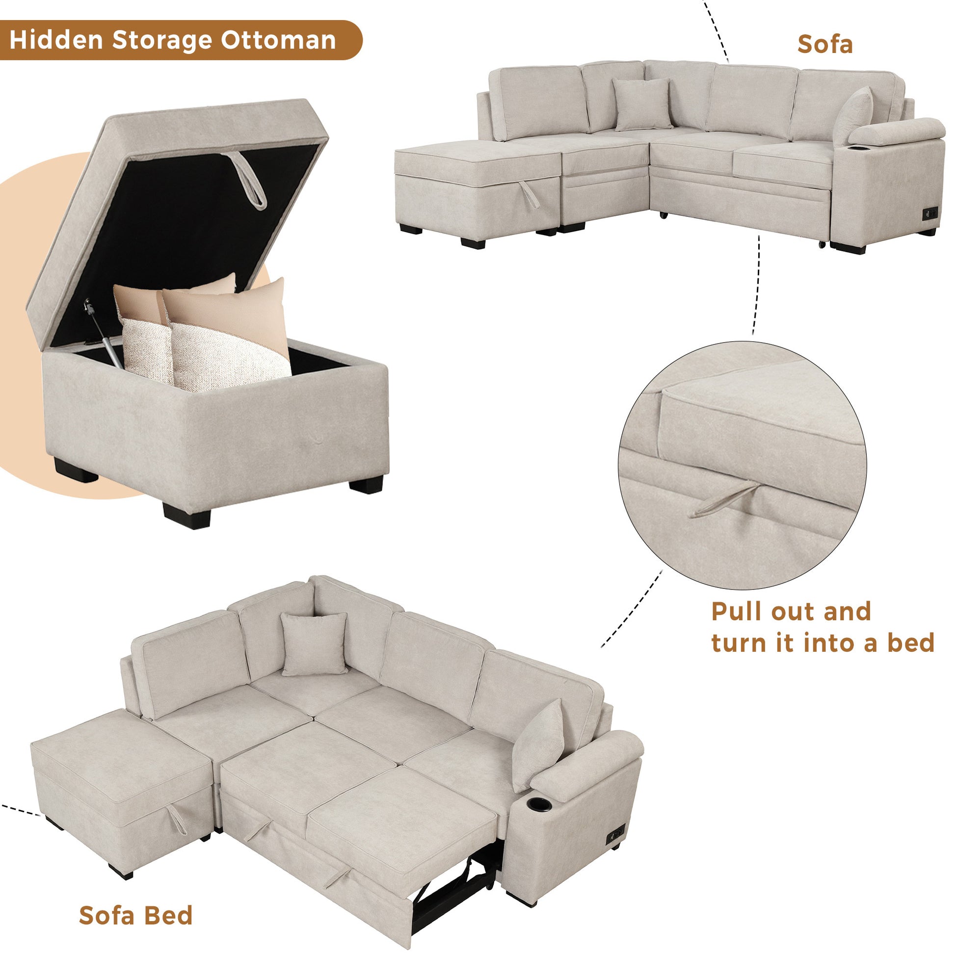 84.75" Sleeper Sofa Bed,2 In 1 Pull Out Sofa Bed L Shape Couch With Storage Ottoman For Living Room,Bedroom Couch And Small Apartment, Beige Beige Foam Linen 4 Seat