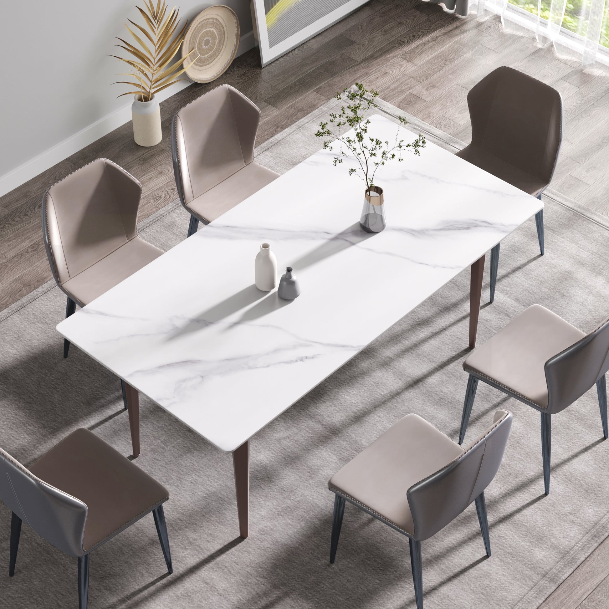 70.87" Modern Artificial Stone White Straight Edge Metal Leg Dining Table Can Accommodate 6 8 People White Metal Sintered Stone