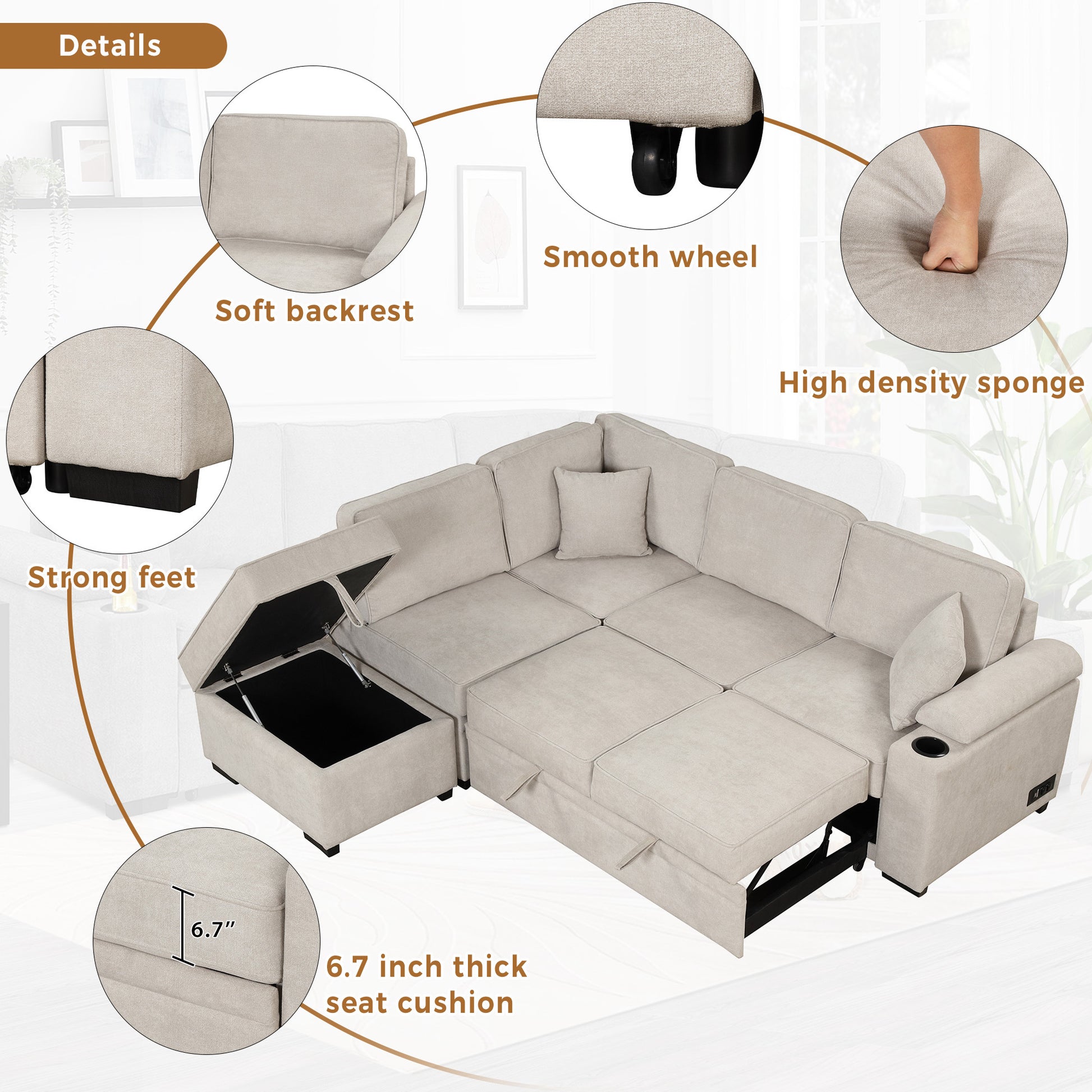 84.75" Sleeper Sofa Bed,2 In 1 Pull Out Sofa Bed L Shape Couch With Storage Ottoman For Living Room,Bedroom Couch And Small Apartment, Beige Beige Foam Linen 4 Seat