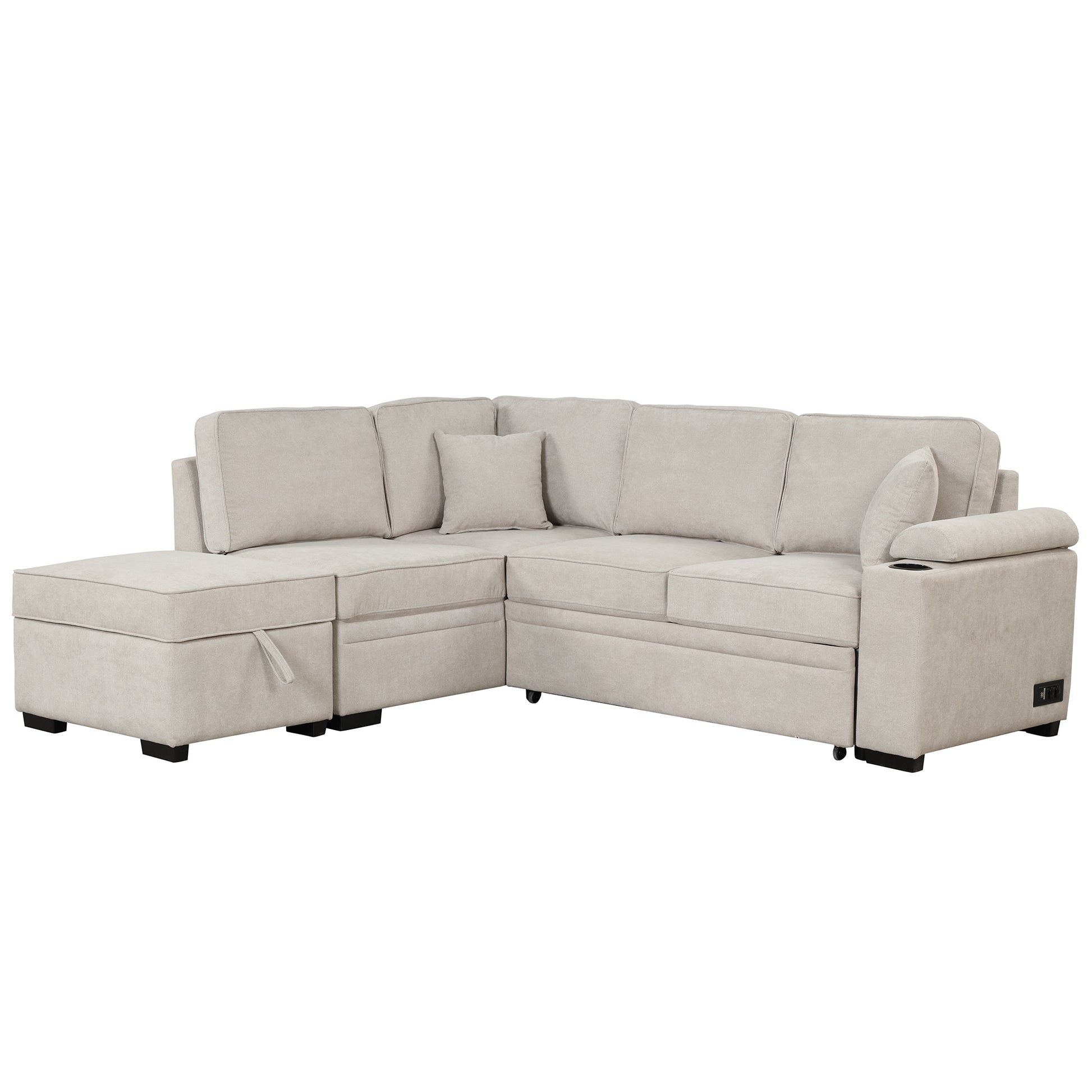84.75" Sleeper Sofa Bed,2 In 1 Pull Out Sofa Bed L Shape Couch With Storage Ottoman For Living Room,Bedroom Couch And Small Apartment, Beige Beige Foam Linen 4 Seat