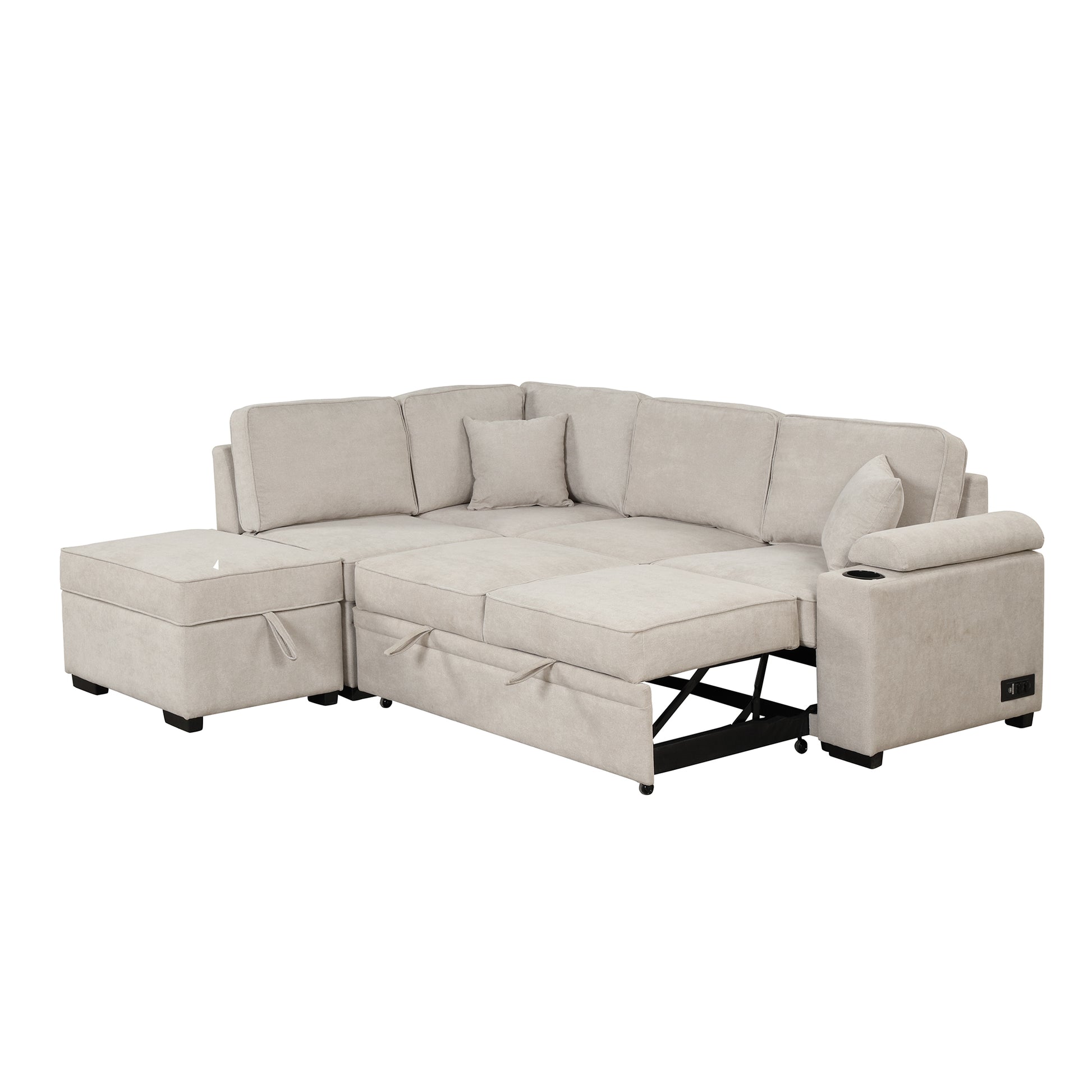 84.75" Sleeper Sofa Bed,2 In 1 Pull Out Sofa Bed L Shape Couch With Storage Ottoman For Living Room,Bedroom Couch And Small Apartment, Beige Beige Foam Linen 4 Seat