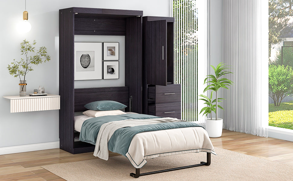 Twin Size Murphy Bed With Wardrobe And Drawers, Storage Bed, Can Be Folded Into A Cabinet, Gray Gray Pine