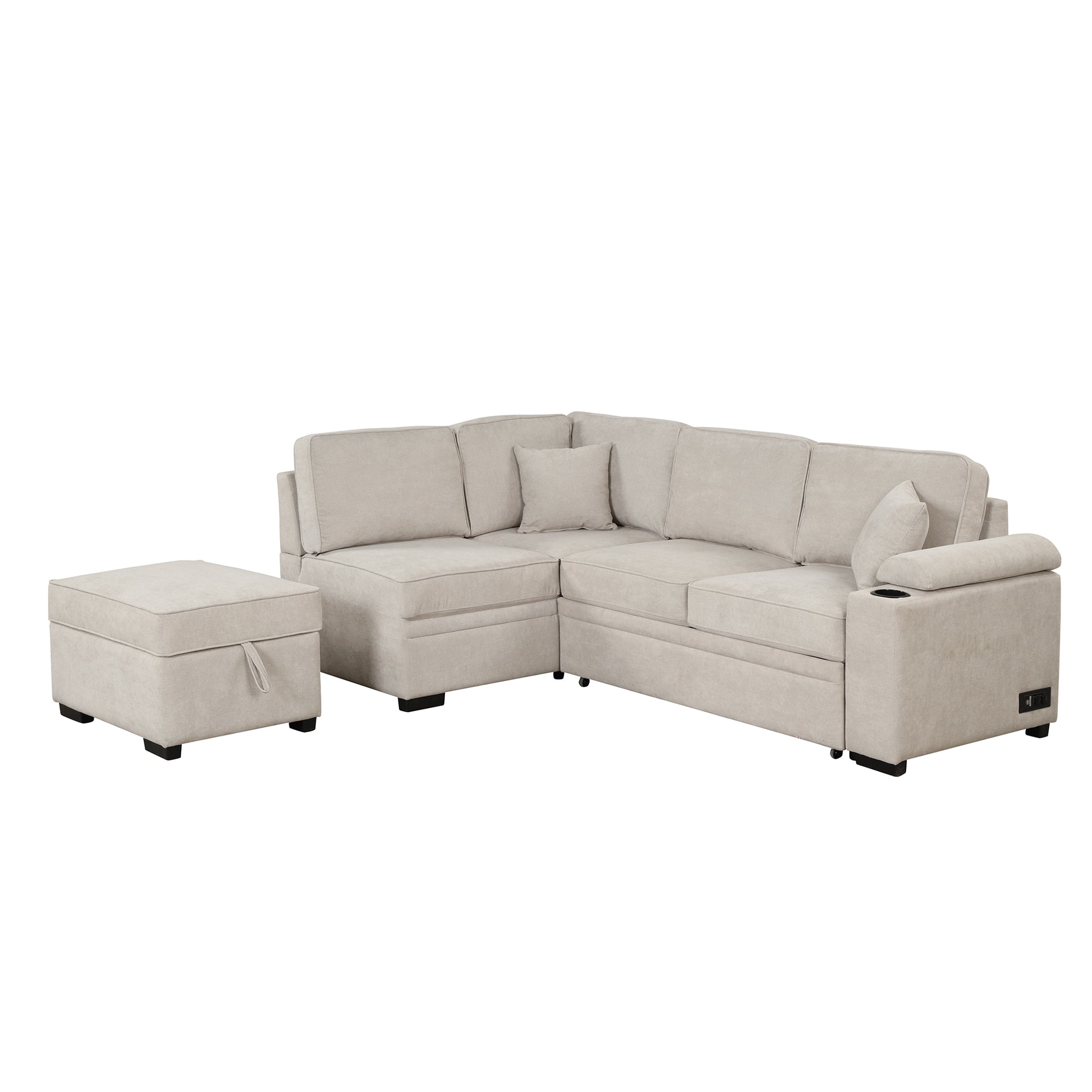 84.75" Sleeper Sofa Bed,2 In 1 Pull Out Sofa Bed L Shape Couch With Storage Ottoman For Living Room,Bedroom Couch And Small Apartment, Beige Beige Foam Linen 4 Seat