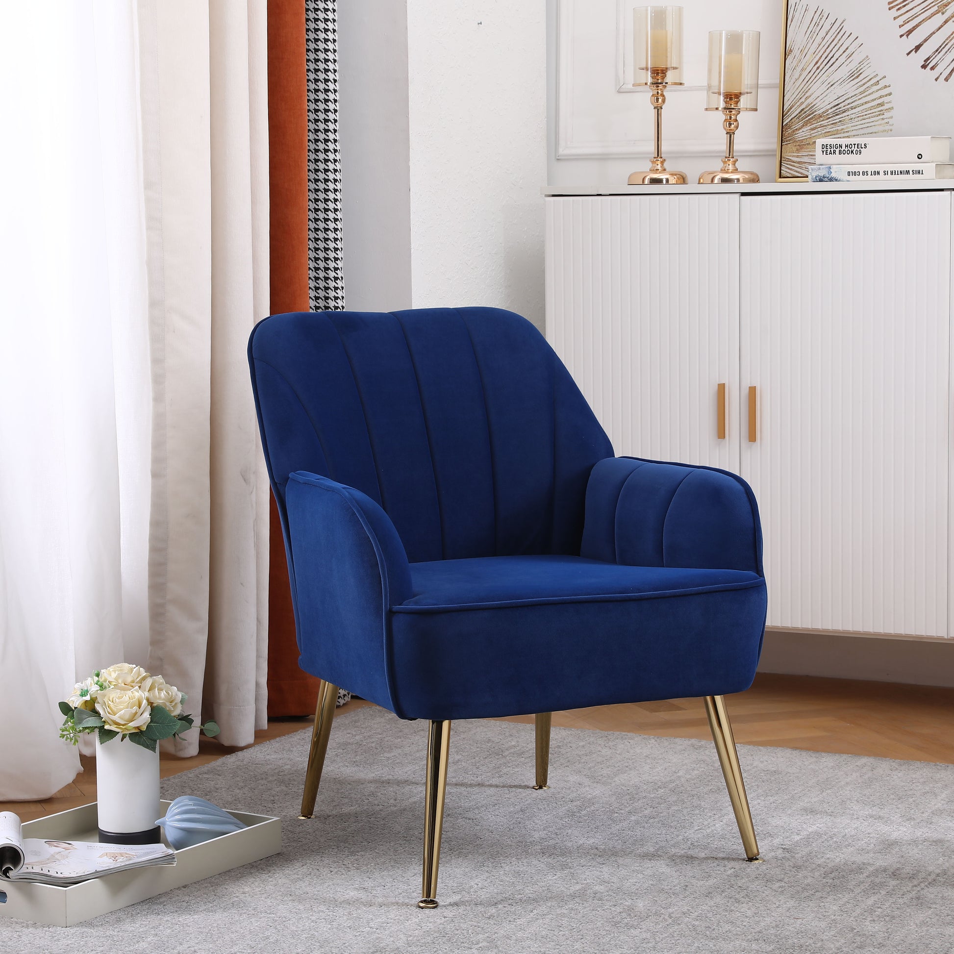 Modern Mid Century Chair Velvet Sherpa Armchair For Living Room Bedroom Office Easy Assemble Navy Navy Foam Velvet