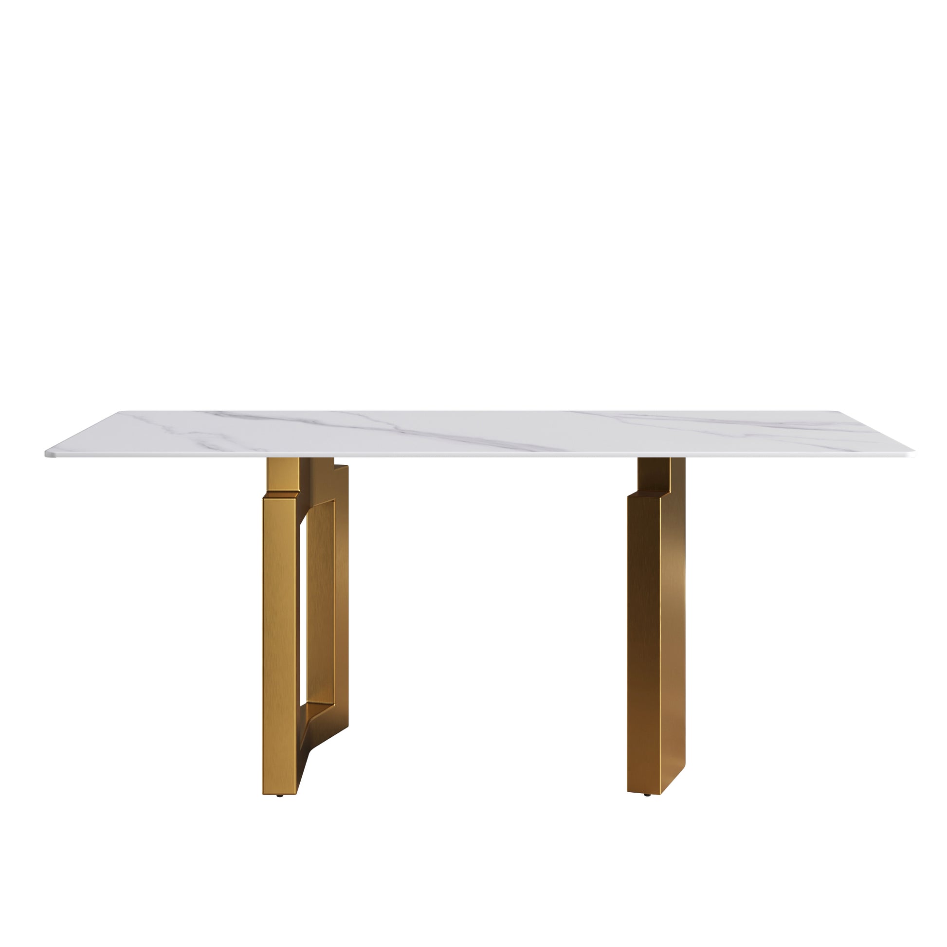 70.87" Modern Artificial Stone White Straight Edge Golden Metal Leg Dining Table Can Accommodate 6 8 People White Metal Sintered Stone