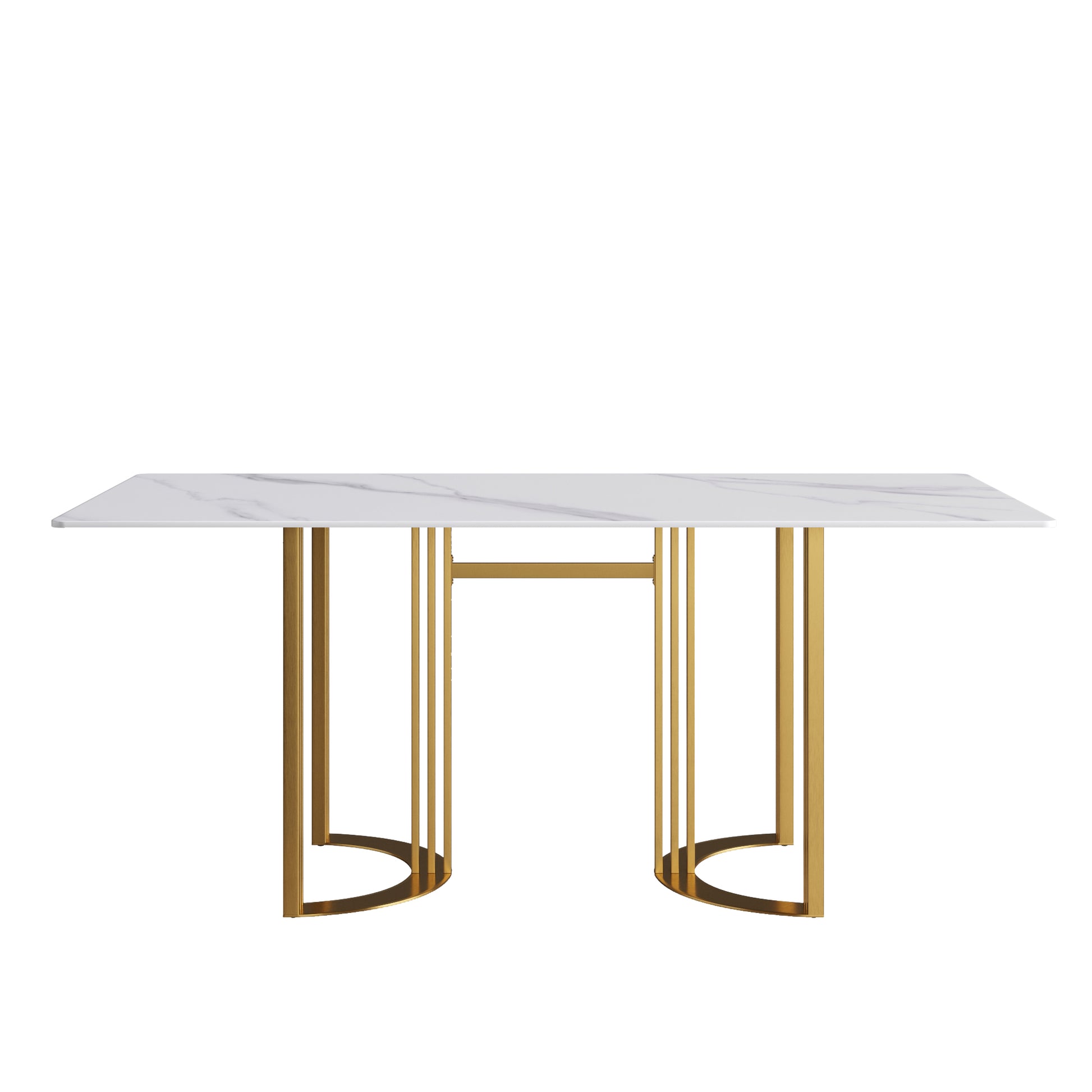 70.87" Modern Artificial Stone White Straight Edge Golden Metal Leg Dining Table Can Accommodate 6 8 People White Metal Sintered Stone