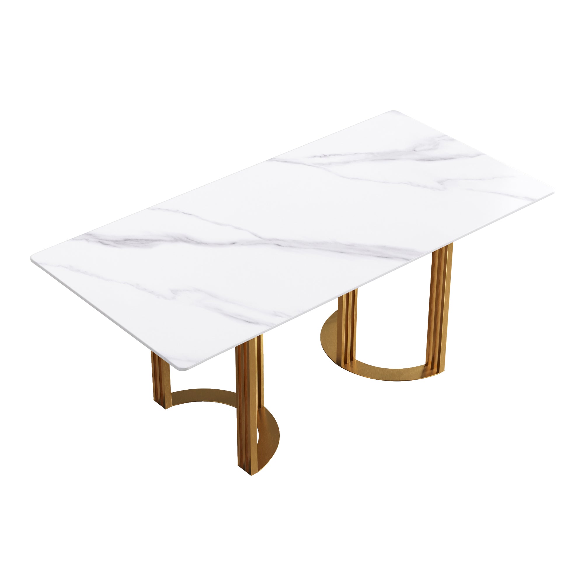 70.87" Modern Artificial Stone White Straight Edge Golden Metal Leg Dining Table Can Accommodate 6 8 People White Metal Sintered Stone