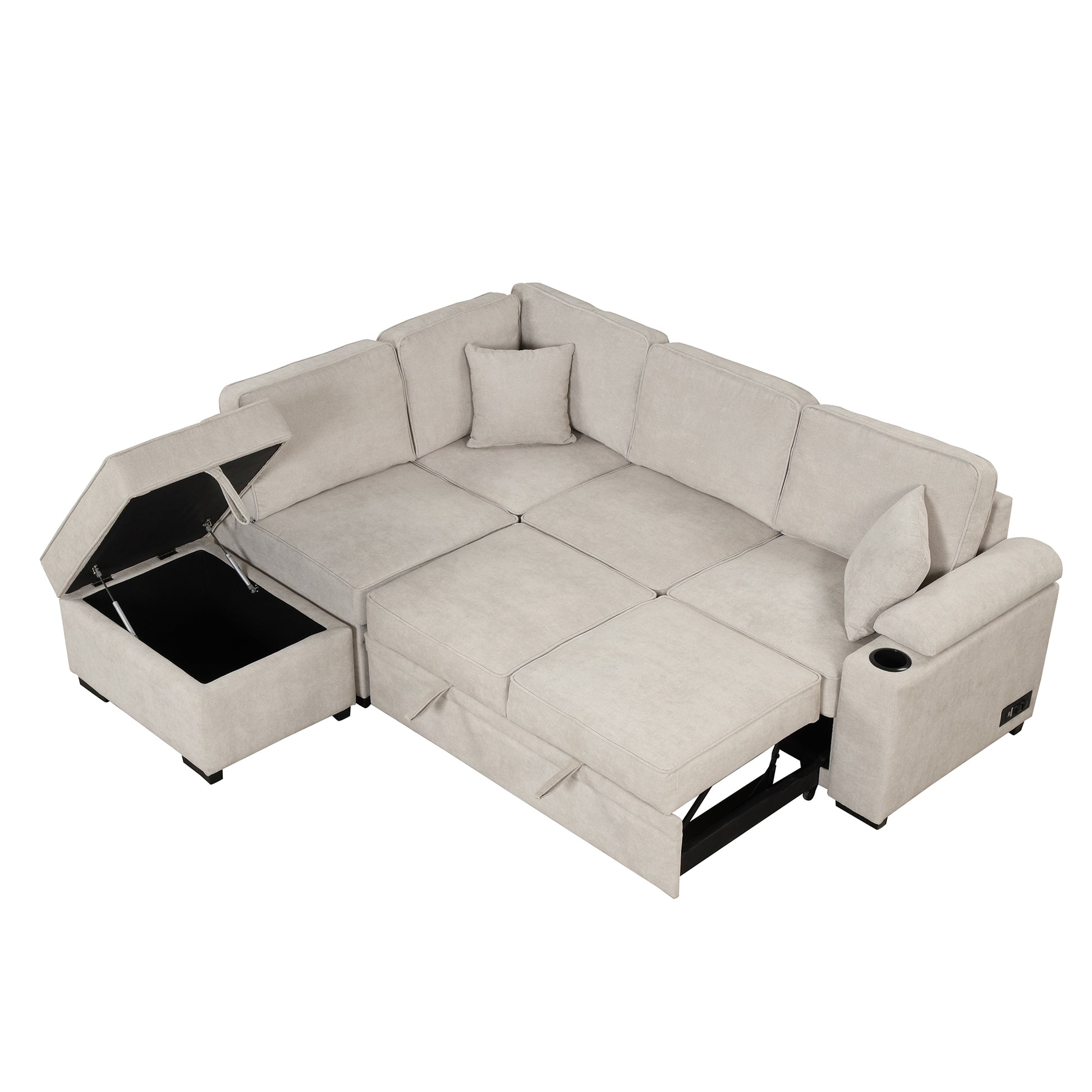 84.75" Sleeper Sofa Bed,2 In 1 Pull Out Sofa Bed L Shape Couch With Storage Ottoman For Living Room,Bedroom Couch And Small Apartment, Beige Beige Foam Linen 4 Seat