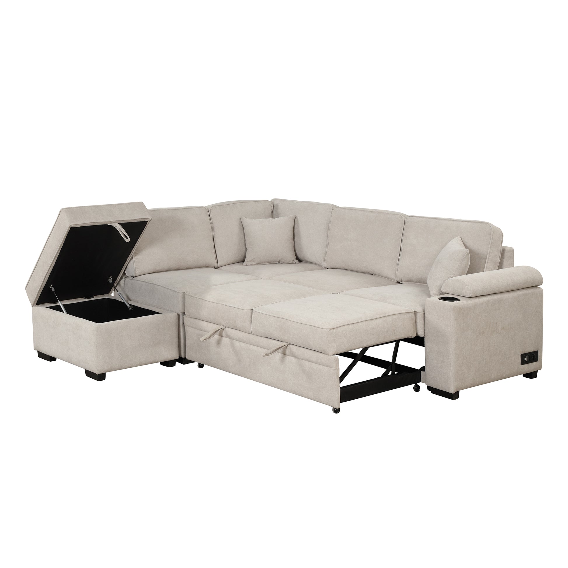 84.75" Sleeper Sofa Bed,2 In 1 Pull Out Sofa Bed L Shape Couch With Storage Ottoman For Living Room,Bedroom Couch And Small Apartment, Beige Beige Foam Linen 4 Seat