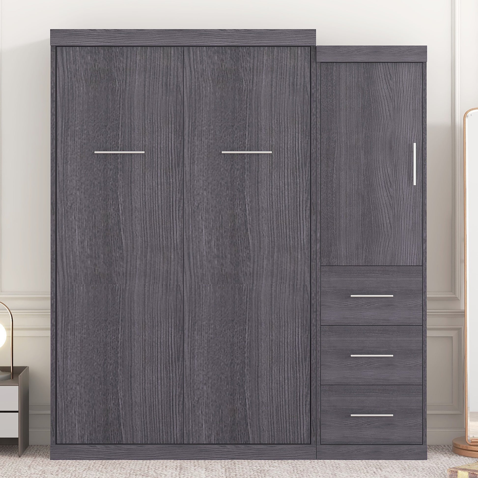 Twin Size Murphy Bed With Wardrobe And Drawers, Storage Bed, Can Be Folded Into A Cabinet, Gray Gray Pine
