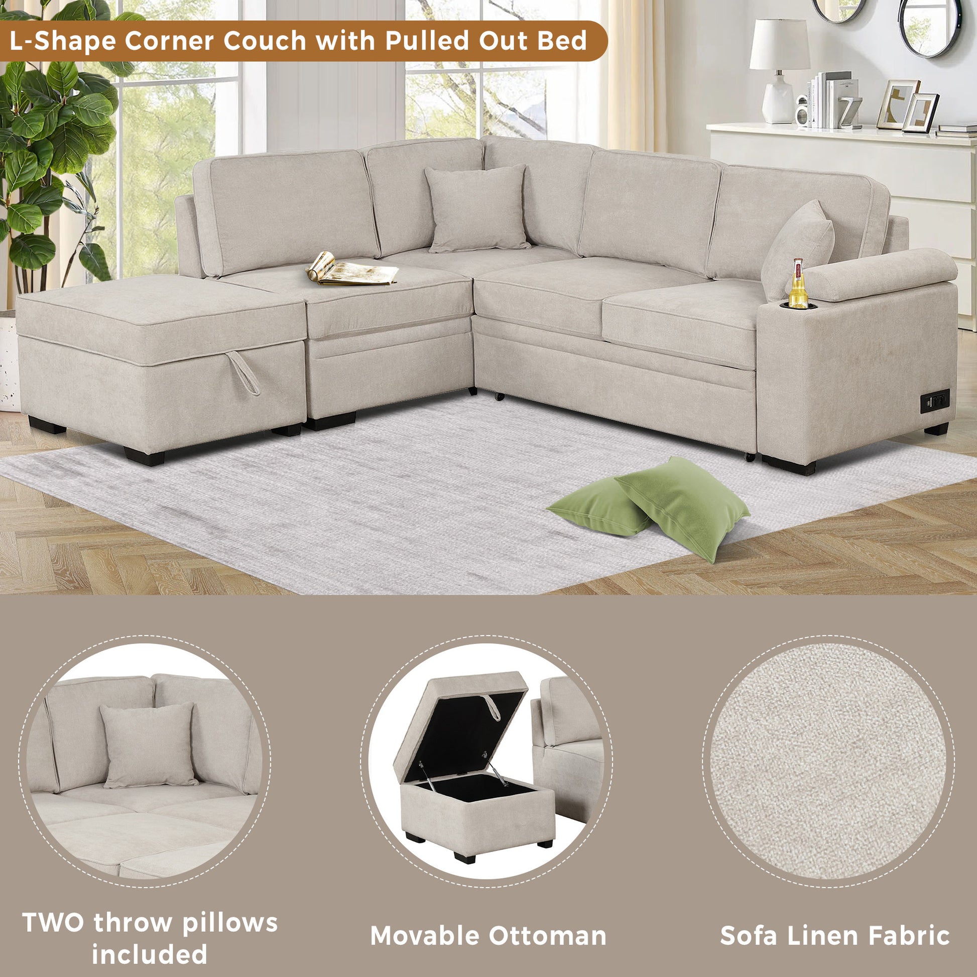 84.75" Sleeper Sofa Bed,2 In 1 Pull Out Sofa Bed L Shape Couch With Storage Ottoman For Living Room,Bedroom Couch And Small Apartment, Beige Beige Foam Linen 4 Seat