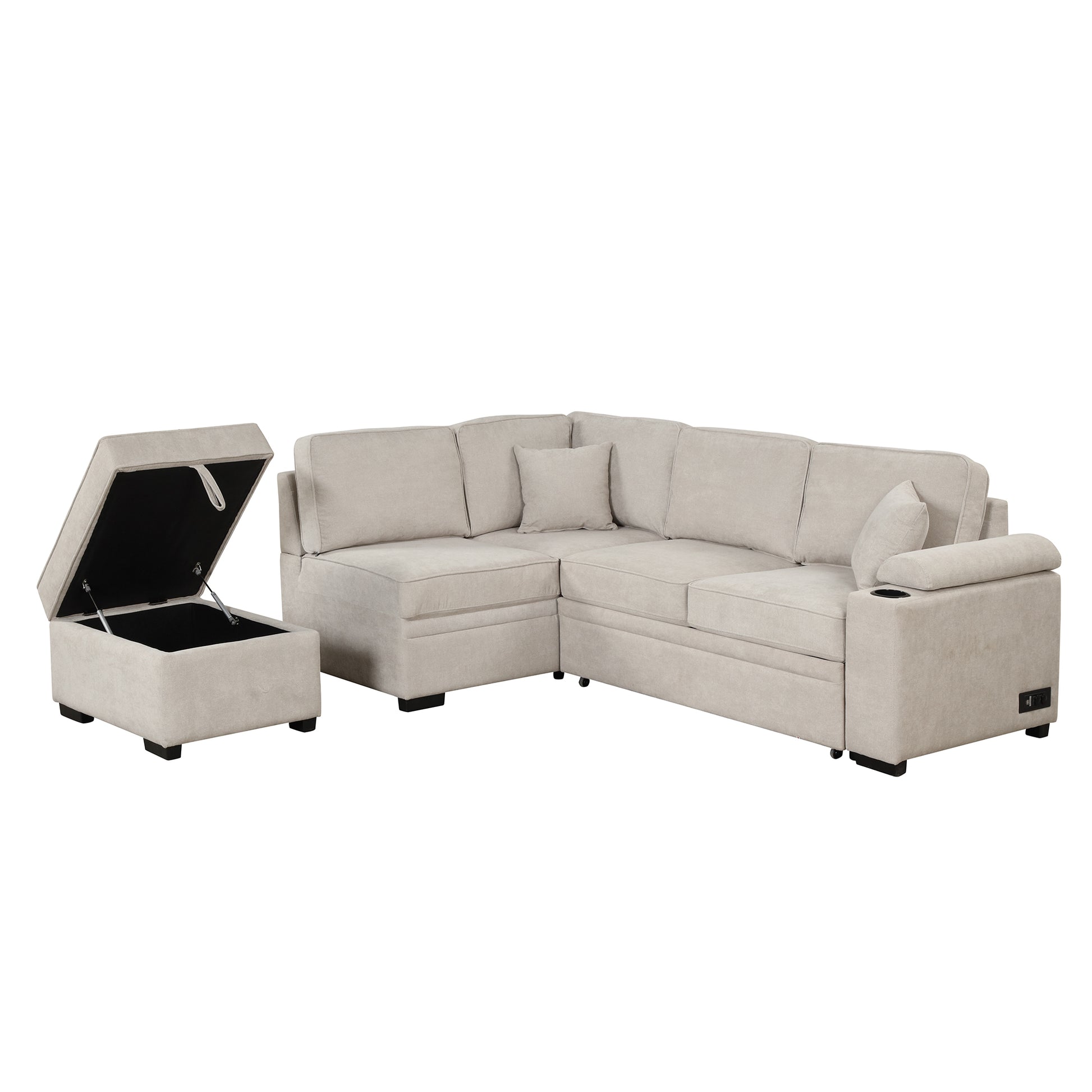 84.75" Sleeper Sofa Bed,2 In 1 Pull Out Sofa Bed L Shape Couch With Storage Ottoman For Living Room,Bedroom Couch And Small Apartment, Beige Beige Foam Linen 4 Seat