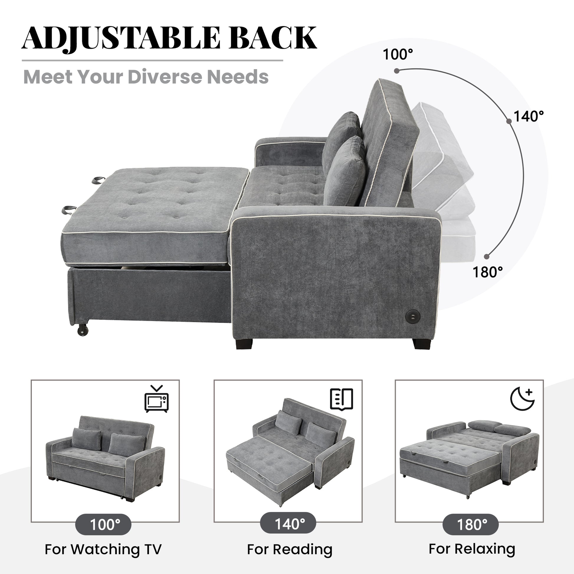 66.5" Linen Upholstered Sleeper Bed, Pull Out Sofa Bed Couch Attached Two Throw Pillows, Dual Usb Charging Port And Adjustable Backrest For Living Room Space, Charcoal Gray Charcoal Grey Foam Linen 2 Seat