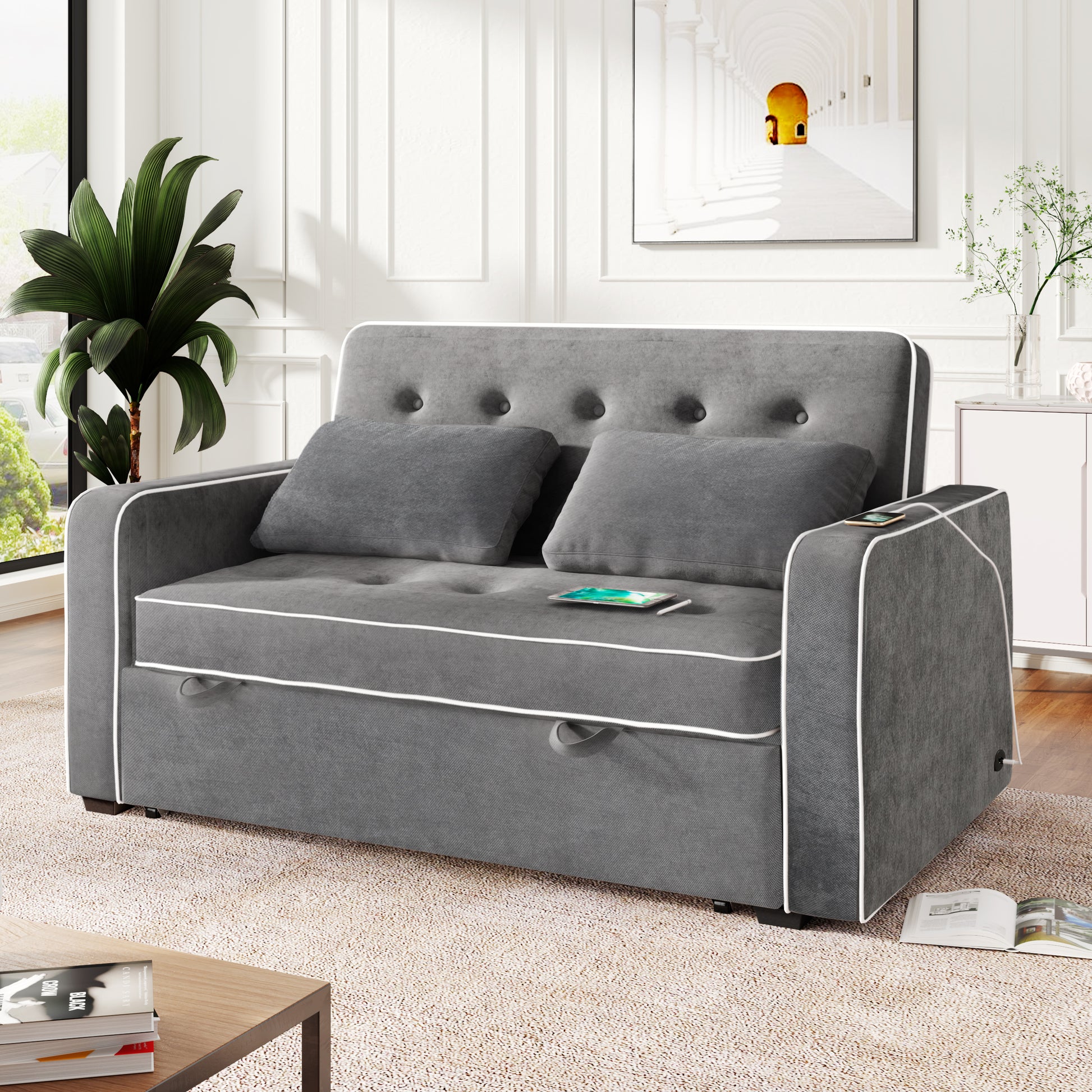 66.5" Linen Upholstered Sleeper Bed, Pull Out Sofa Bed Couch Attached Two Throw Pillows, Dual Usb Charging Port And Adjustable Backrest For Living Room Space, Charcoal Gray Charcoal Grey Foam Linen 2 Seat