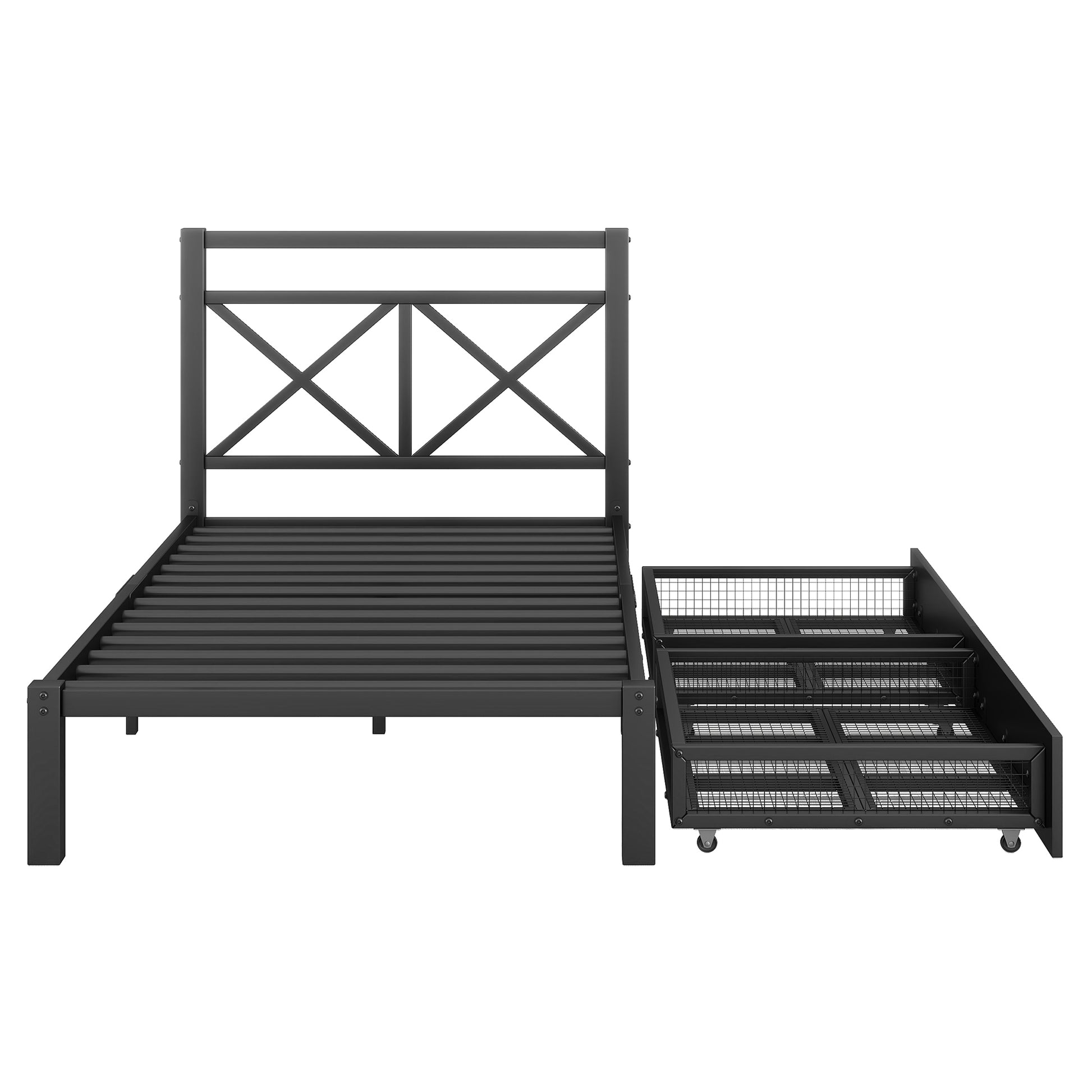 Metal Platform Bed With 2 Drawers, Twin Black Black Metal