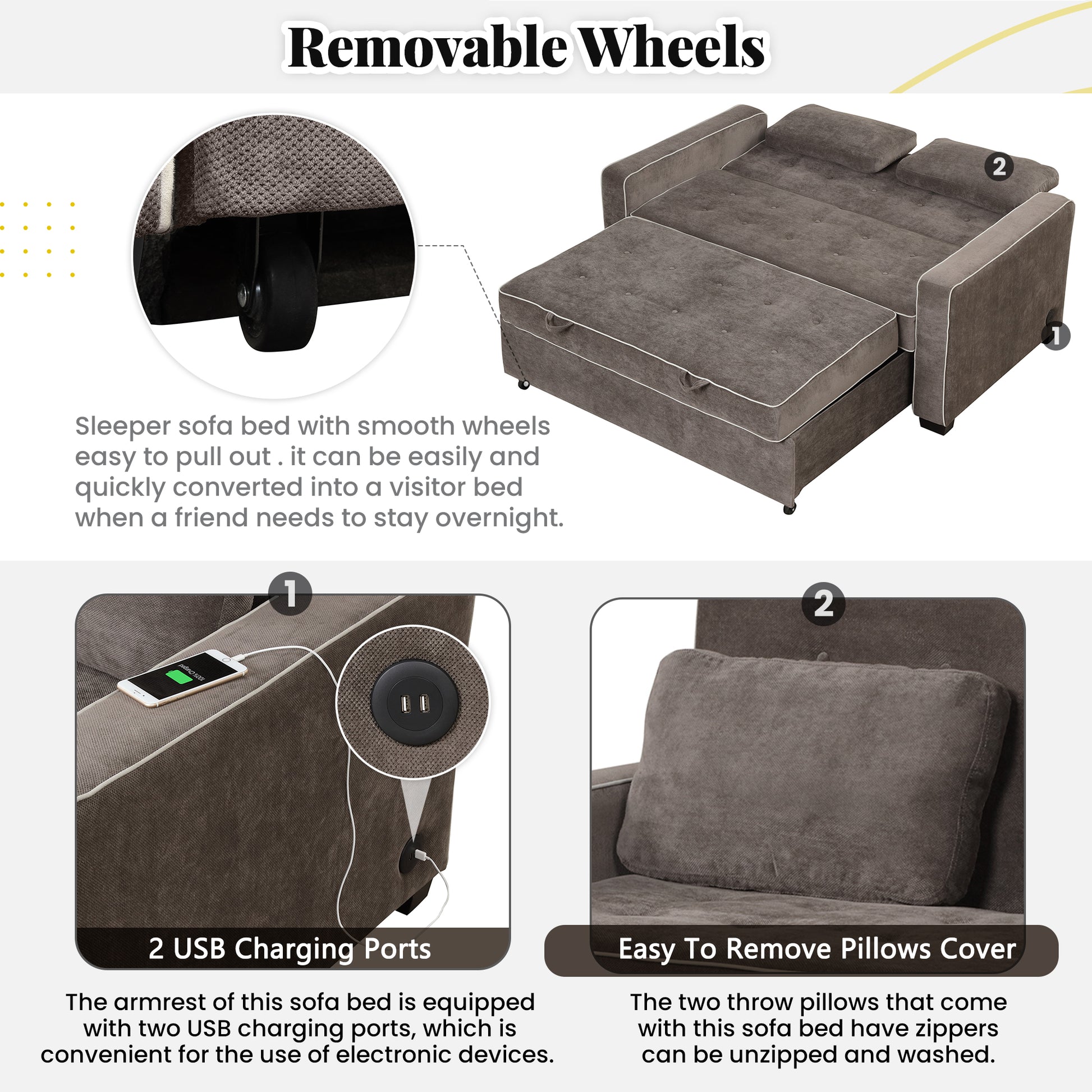 66.5" Linen Upholstered Sleeper Bedpull Out Sofa Bed Couch Attached Two Throw Pillows,Dual Usb Charging Port And Adjustable Backrest For Living Room Space,Brown Gray Brown Gray Foam Linen 2 Seat