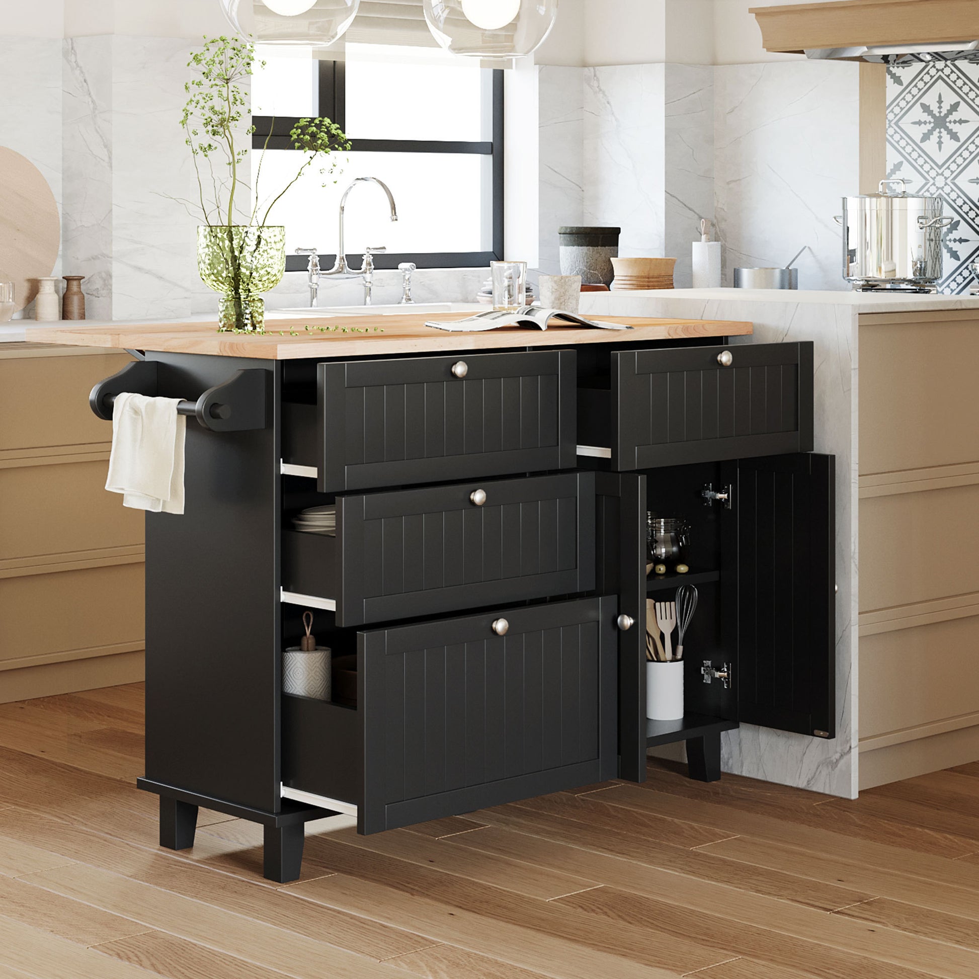 Farmhouse Kitchen Island Set With Drop Leaf And 2 Seatings,Dining Table Set With Storage Cabinet, Drawers And Towel Rack, Black Rustic Brown Black Kitchen Farmhouse Rectangular Kitchen Island Sets Rubberwood Solid Wood Small Less Than 40In