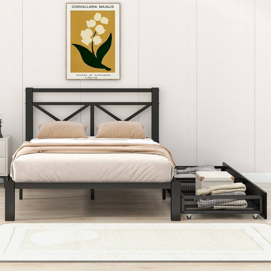 Metal Platform Bed With 2 Drawers, Twin Black Black Metal