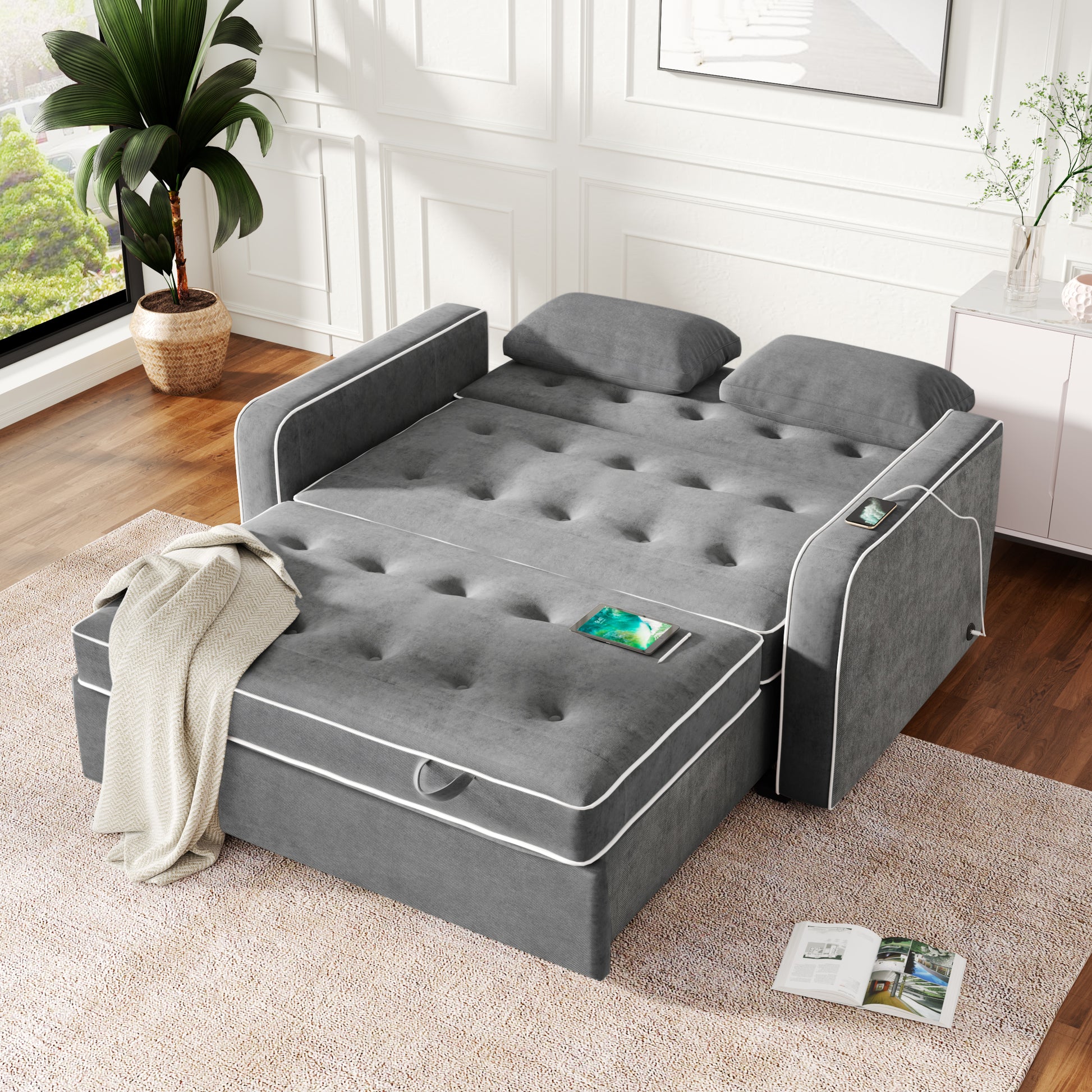 66.5" Linen Upholstered Sleeper Bed, Pull Out Sofa Bed Couch Attached Two Throw Pillows, Dual Usb Charging Port And Adjustable Backrest For Living Room Space, Charcoal Gray Charcoal Grey Foam Linen 2 Seat