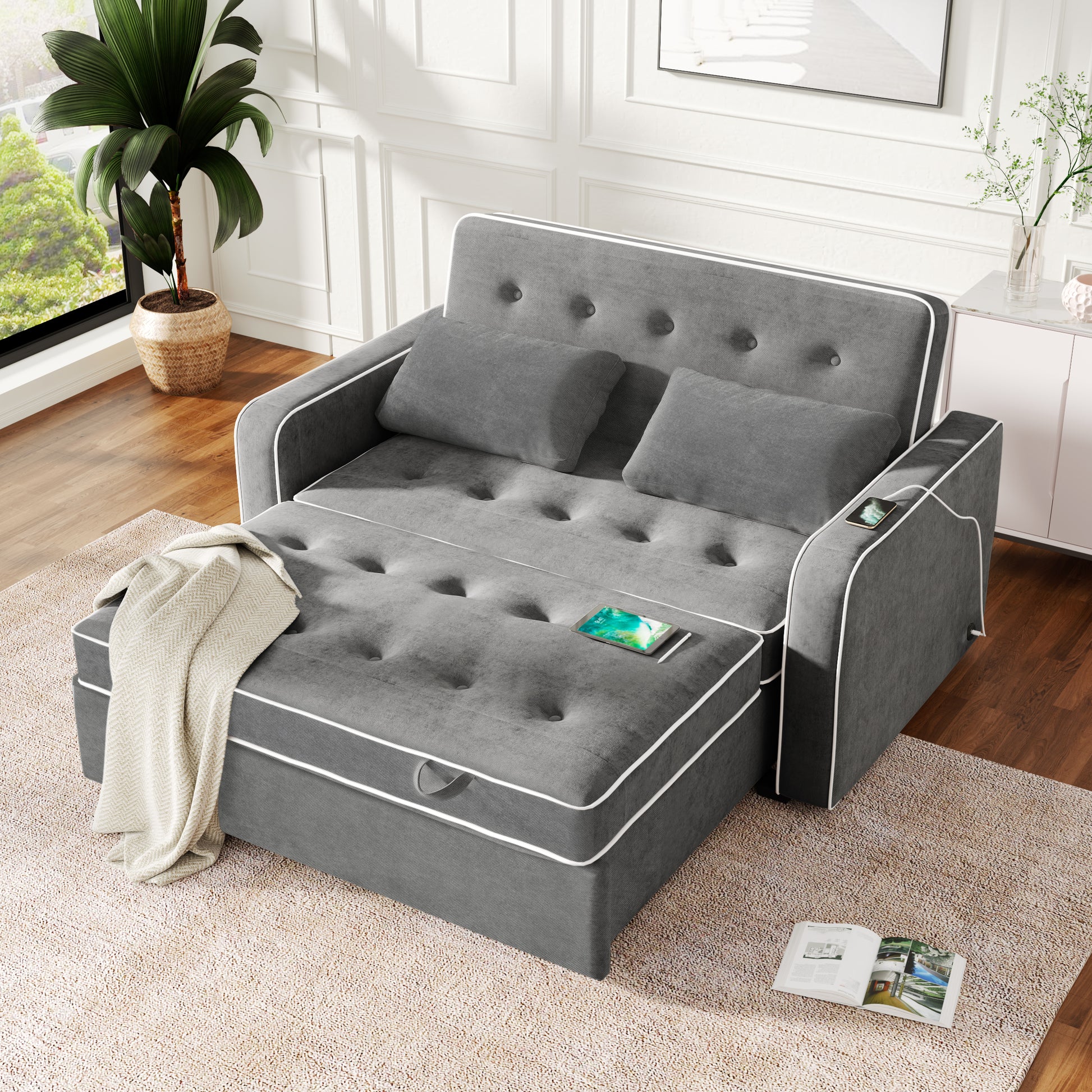 66.5" Linen Upholstered Sleeper Bed, Pull Out Sofa Bed Couch Attached Two Throw Pillows, Dual Usb Charging Port And Adjustable Backrest For Living Room Space, Charcoal Gray Charcoal Grey Foam Linen 2 Seat