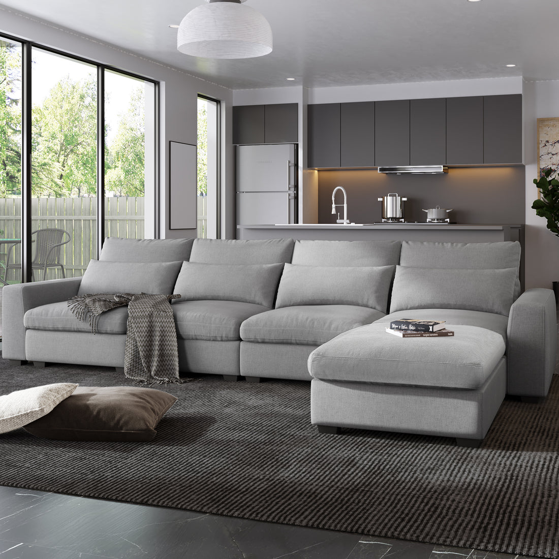 Modern Large L Shape Feather Filled Sectional Sofa, Convertible Sofa Couch With Reversible Chaise For Living Room Light Gray Chenille 5 Seat