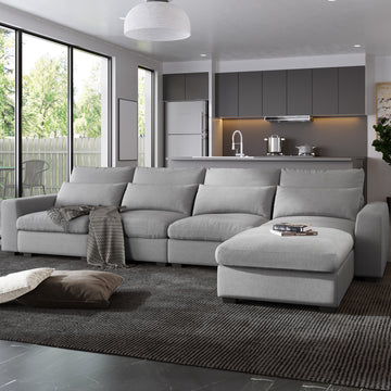 Modern Large L Shape Feather Filled Sectional Sofa, Convertible Sofa Couch With Reversible Chaise For Living Room Light Gray Chenille 5 Seat