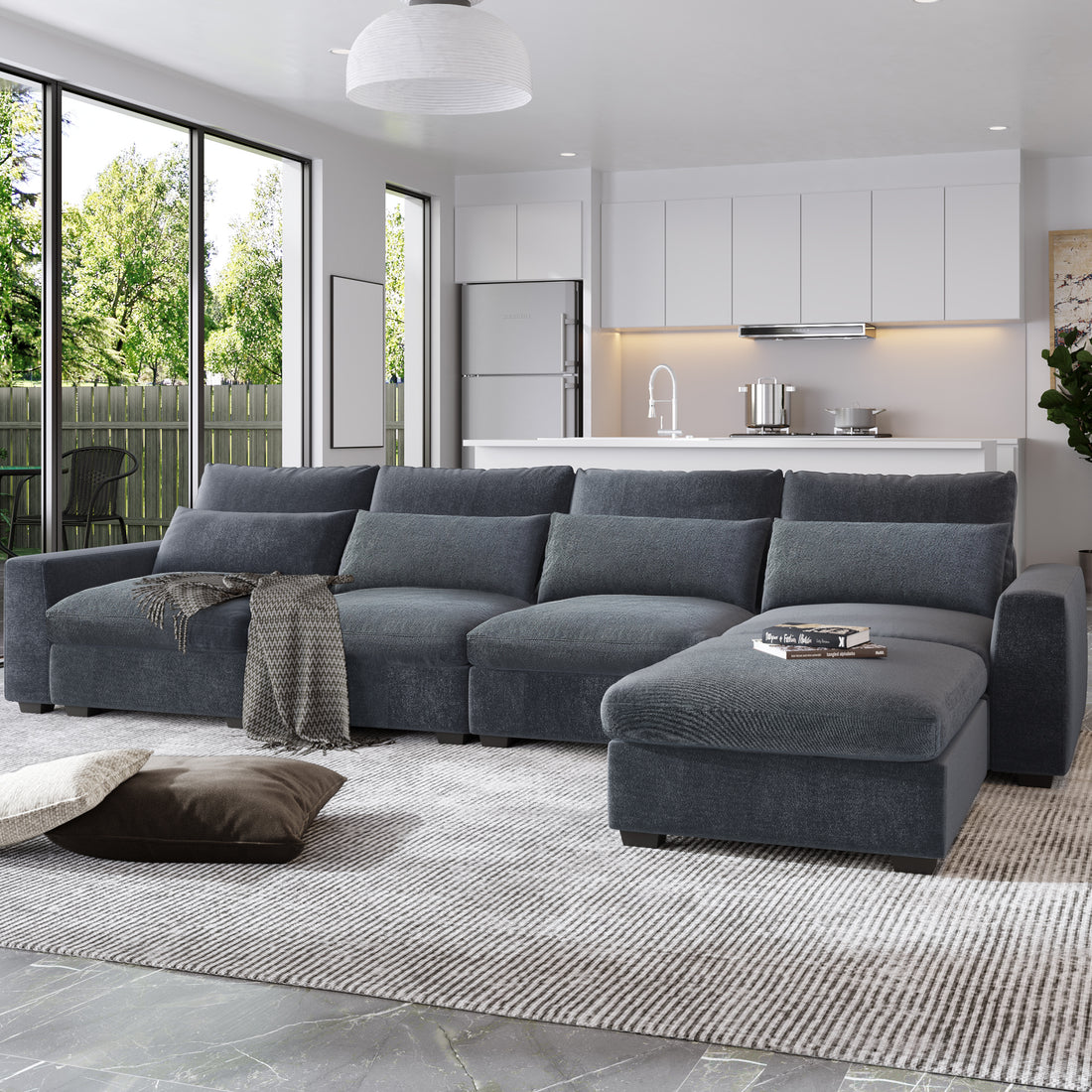 Modern Large L Shape Feather Filled Sectional Sofa, Convertible Sofa Couch With Reversible Chaise For Living Room Dark Gray Chenille 5 Seat