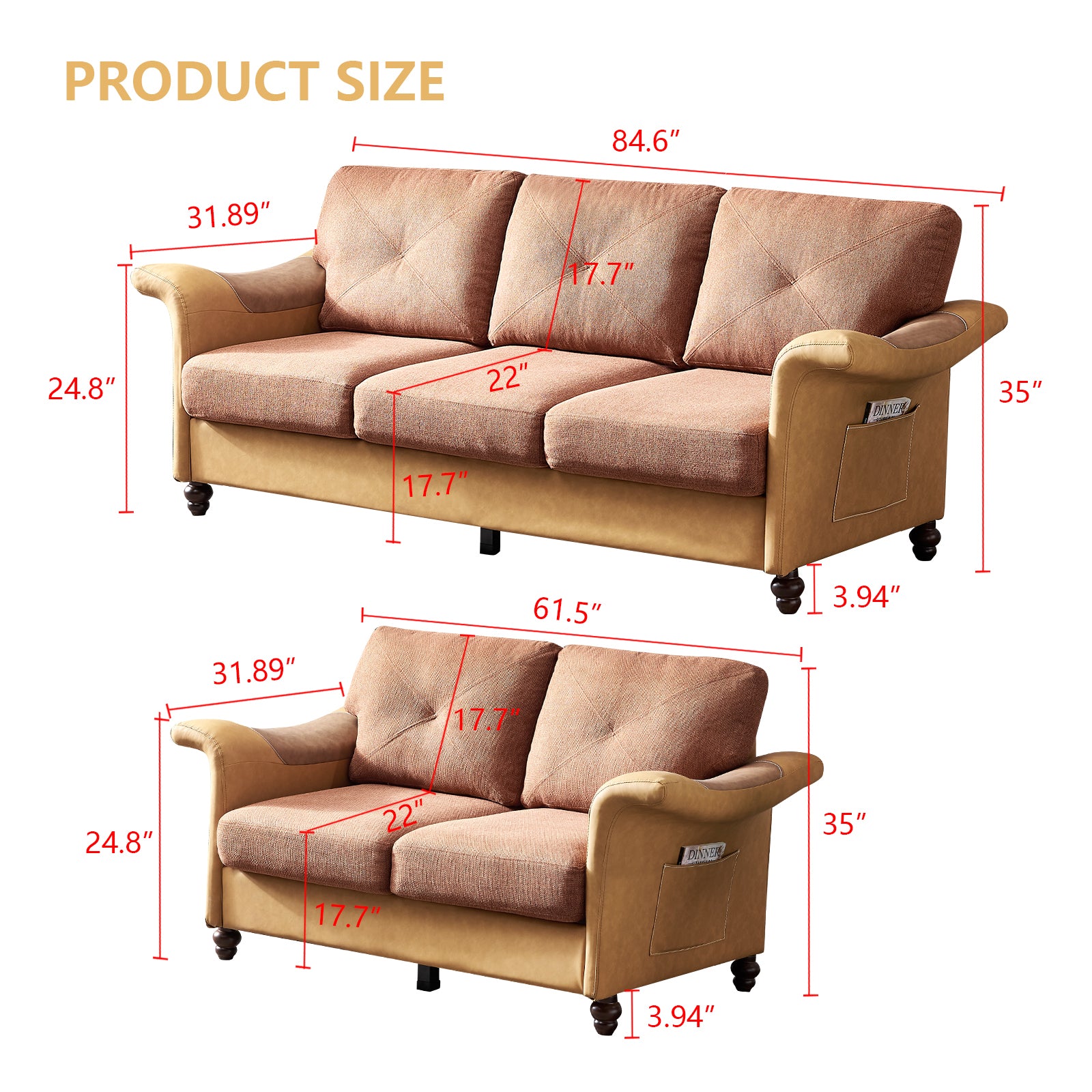 Living Room Furniture Linen Fabric Faux Leather With Wood Leg 2 3 Sectional Brown Brown Foam Fabric