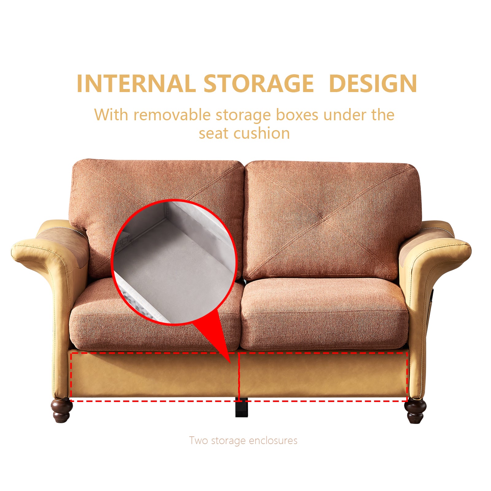 Living Room Furniture Linen Fabric Faux Leather With Wood Leg 2 3 Sectional Brown Brown Foam Fabric