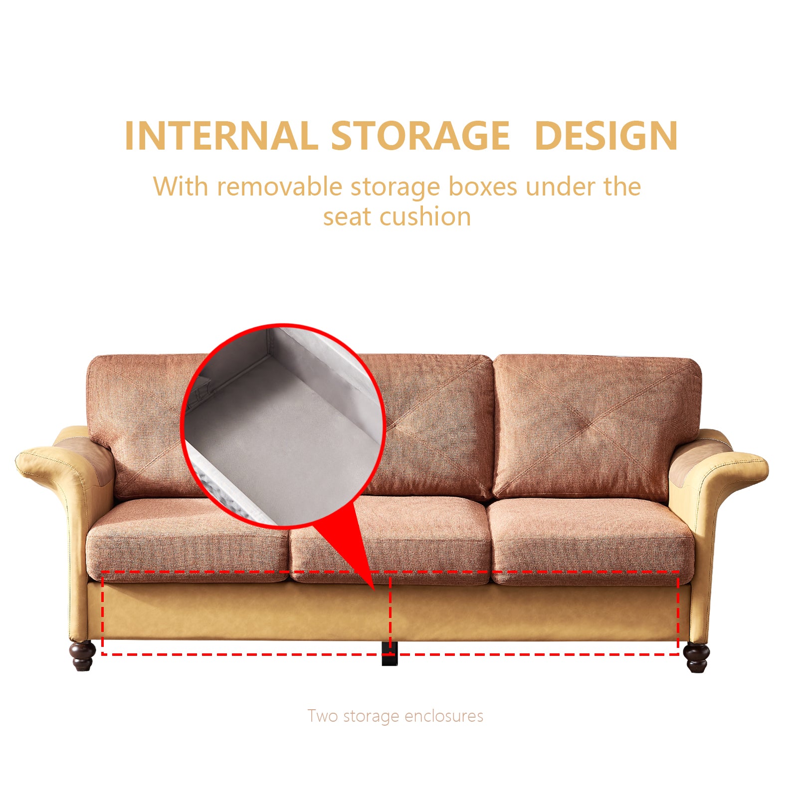 Living Room Furniture Linen Fabric Faux Leather With Wood Leg 2 3 Sectional Brown Brown Foam Fabric