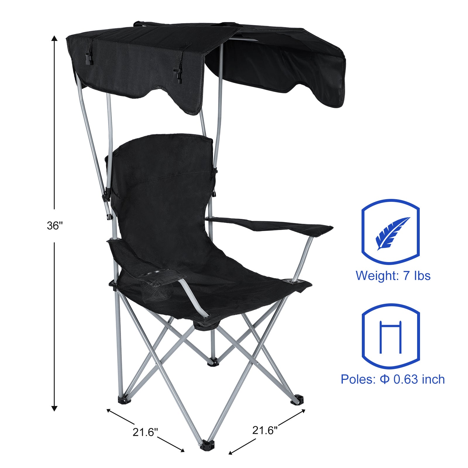 Yssoa Canopy Lounge Chair With Sunshade For Camping, Hiking, Travel, And Other Outdoor Events, With Cup Holder, 21.6" X 21.6" X 36", Black, 1 Pack Black Oxford Fabric