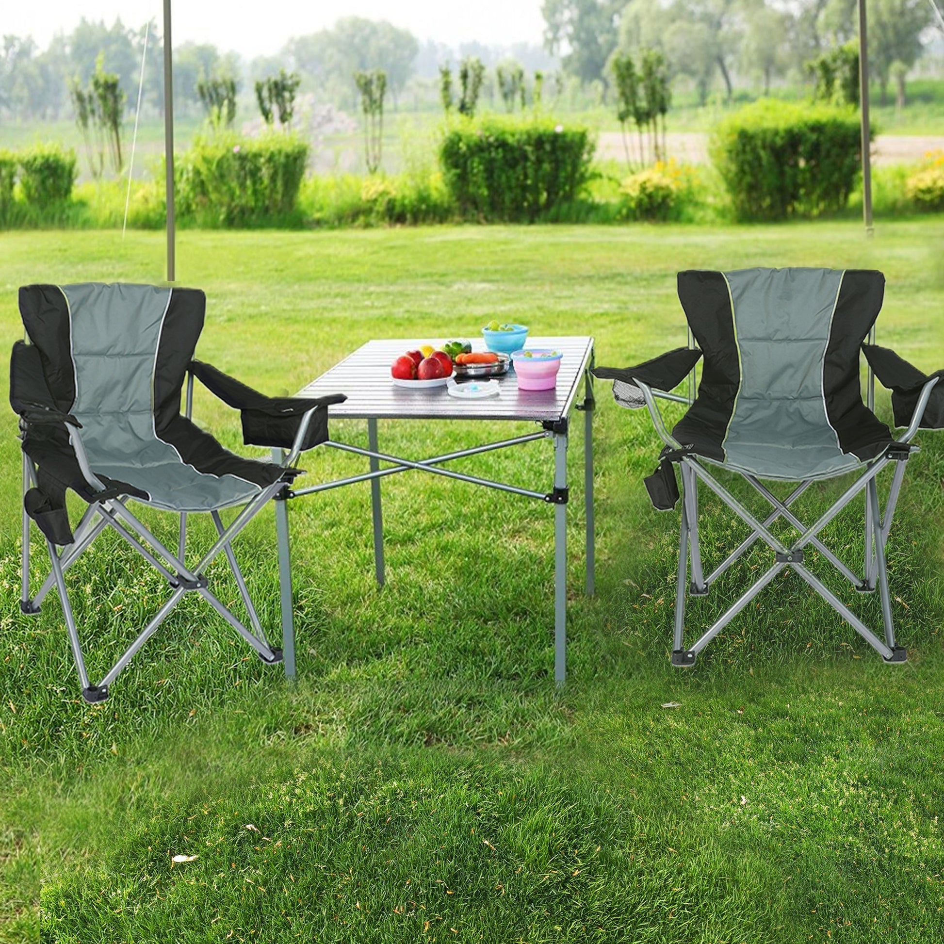 Yssoa Oversized Camping Folding Chair With Cup Holder, Side Cooler Bag, Heavy Duty Steel Frame Fully P Added Quad Armchair For Outdoors, 1 Pack, Grey Grey Oxford Fabric