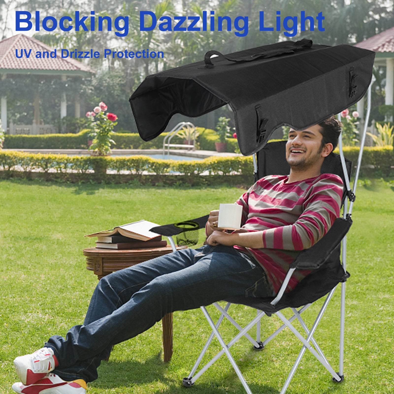 Yssoa Canopy Lounge Chair With Sunshade For Camping, Hiking, Travel, And Other Outdoor Events, With Cup Holder, 21.6" X 21.6" X 36", Black, 1 Pack Black Oxford Fabric