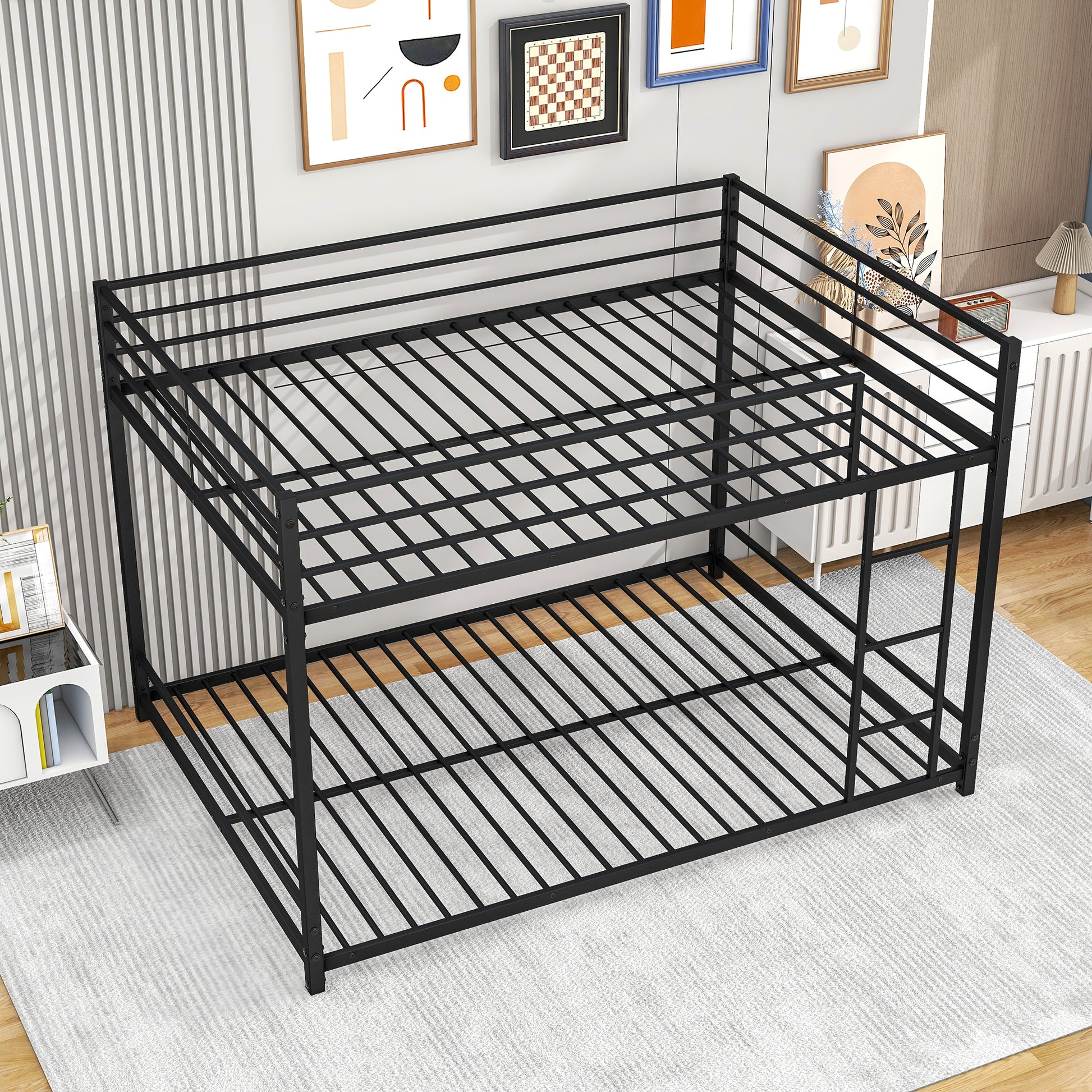 Metal Bunk Bed Full Over Full, Bunk Bed Frame With Safety Guard Rails, Heavy Duty Space Saving Design, Easy Assembly Black Black Metal
