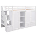 Functional Loft Bed With 3 Shelves, 2 Wardrobes And 2 Drawers, Ladder With Storage, No Box Spring Needed, White White Pine