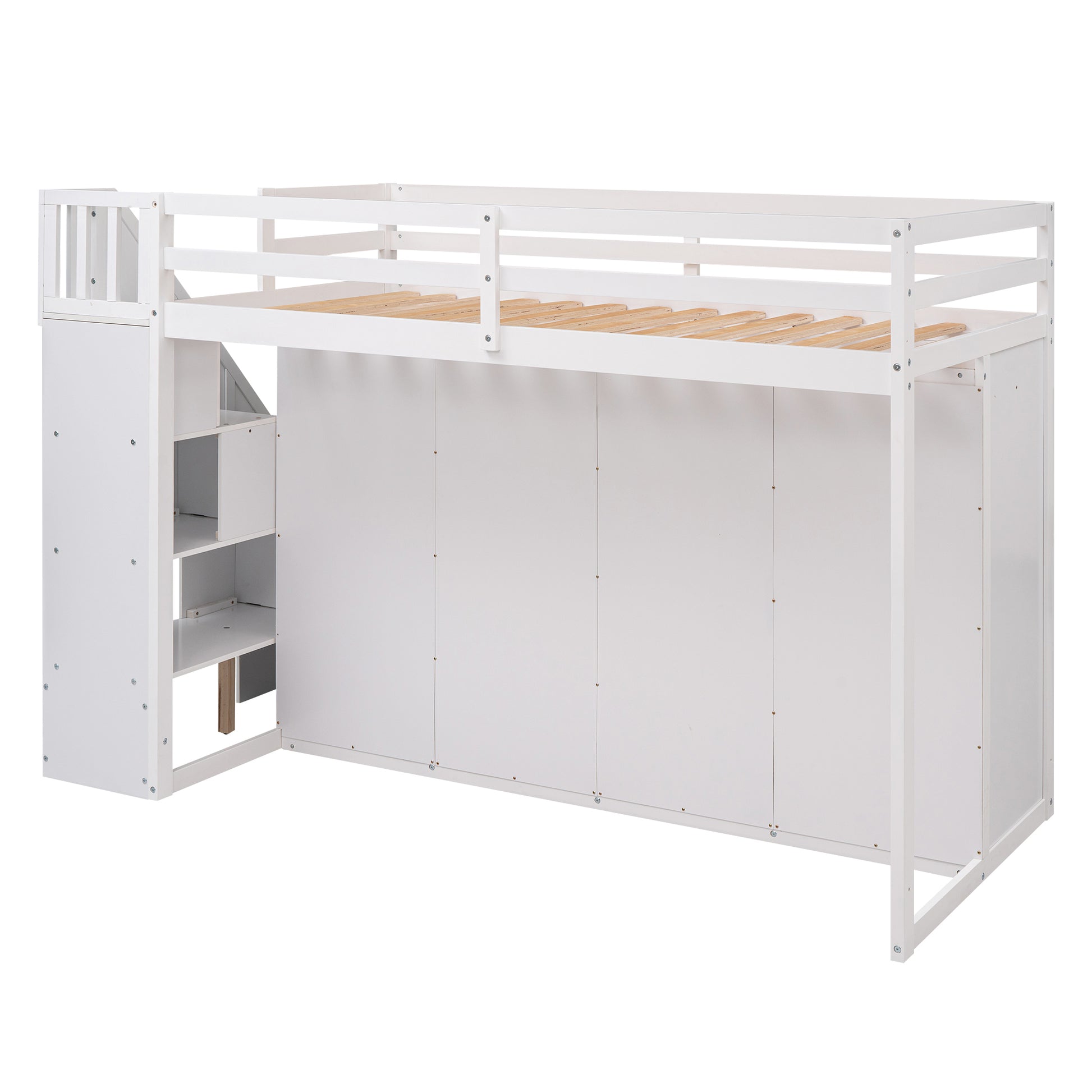 Functional Loft Bed With 3 Shelves, 2 Wardrobes And 2 Drawers, Ladder With Storage, No Box Spring Needed, White White Pine