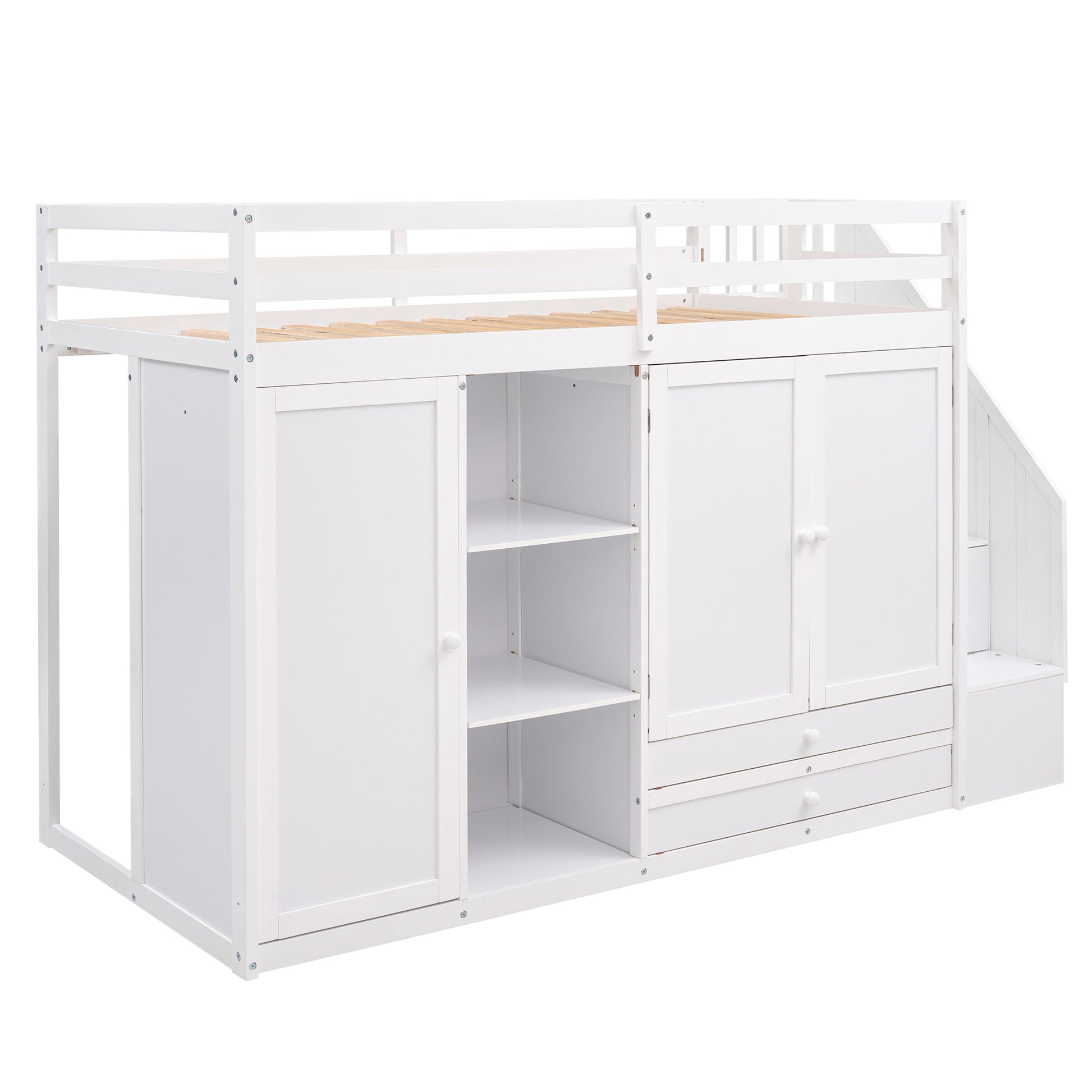 Functional Loft Bed With 3 Shelves, 2 Wardrobes And 2 Drawers, Ladder With Storage, No Box Spring Needed, White White Pine
