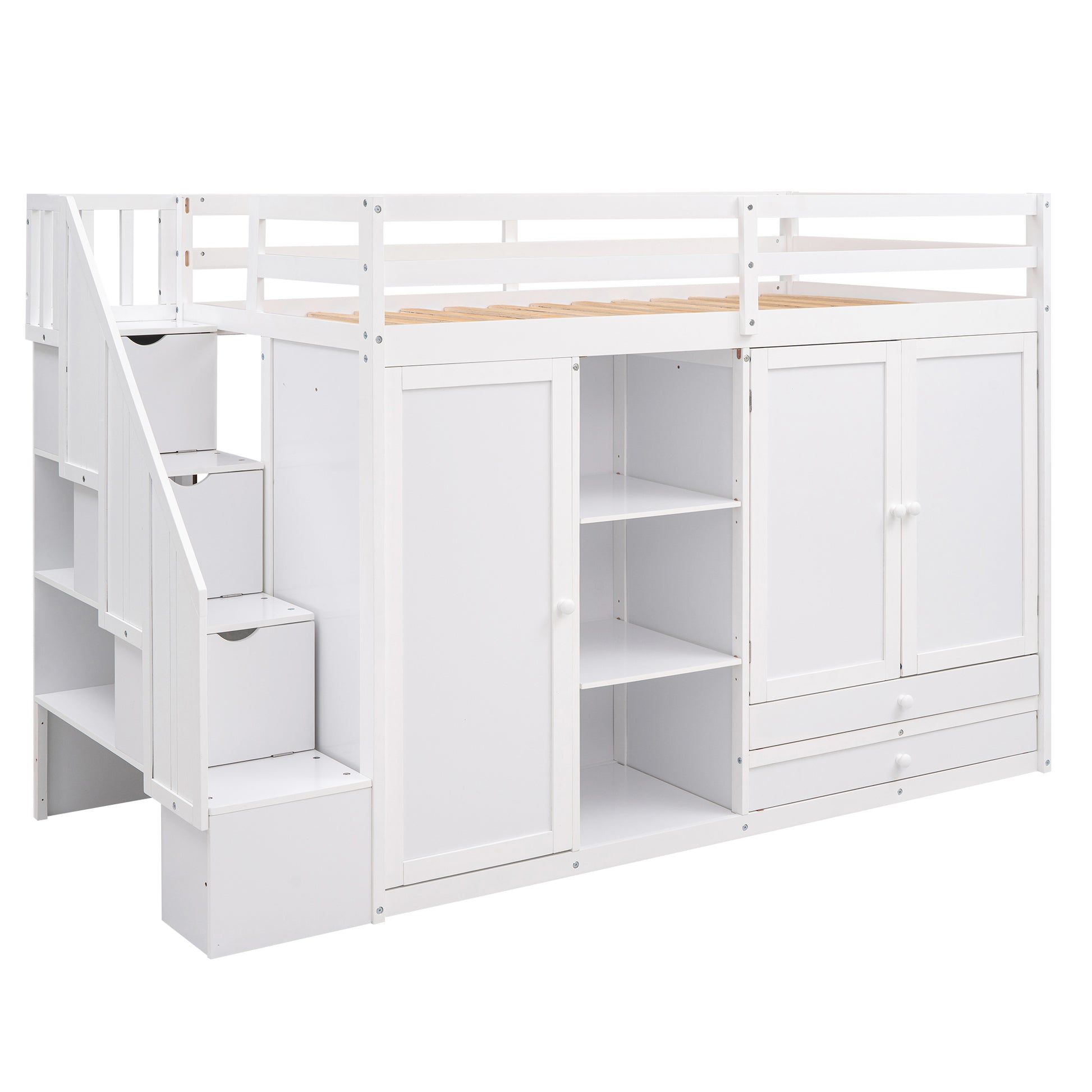 Functional Loft Bed With 3 Shelves, 2 Wardrobes And 2 Drawers, Ladder With Storage, No Box Spring Needed, White White Pine