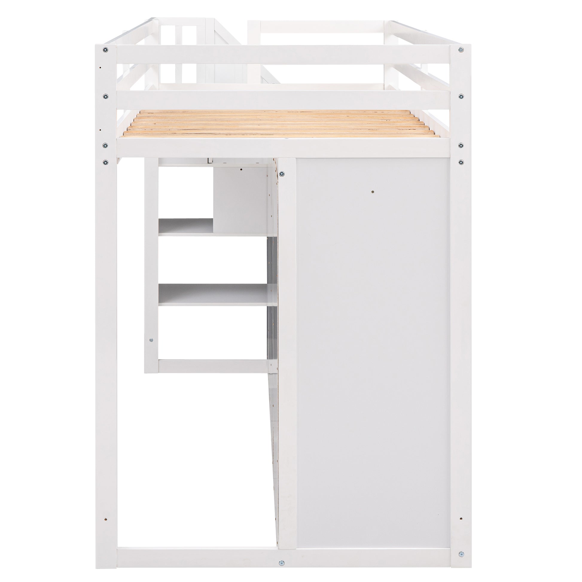 Functional Loft Bed With 3 Shelves, 2 Wardrobes And 2 Drawers, Ladder With Storage, No Box Spring Needed, White White Pine