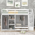 Functional Loft Bed With 3 Shelves, 2 Wardrobes And 2 Drawers, Ladder With Storage, No Box Spring Needed, White White Pine