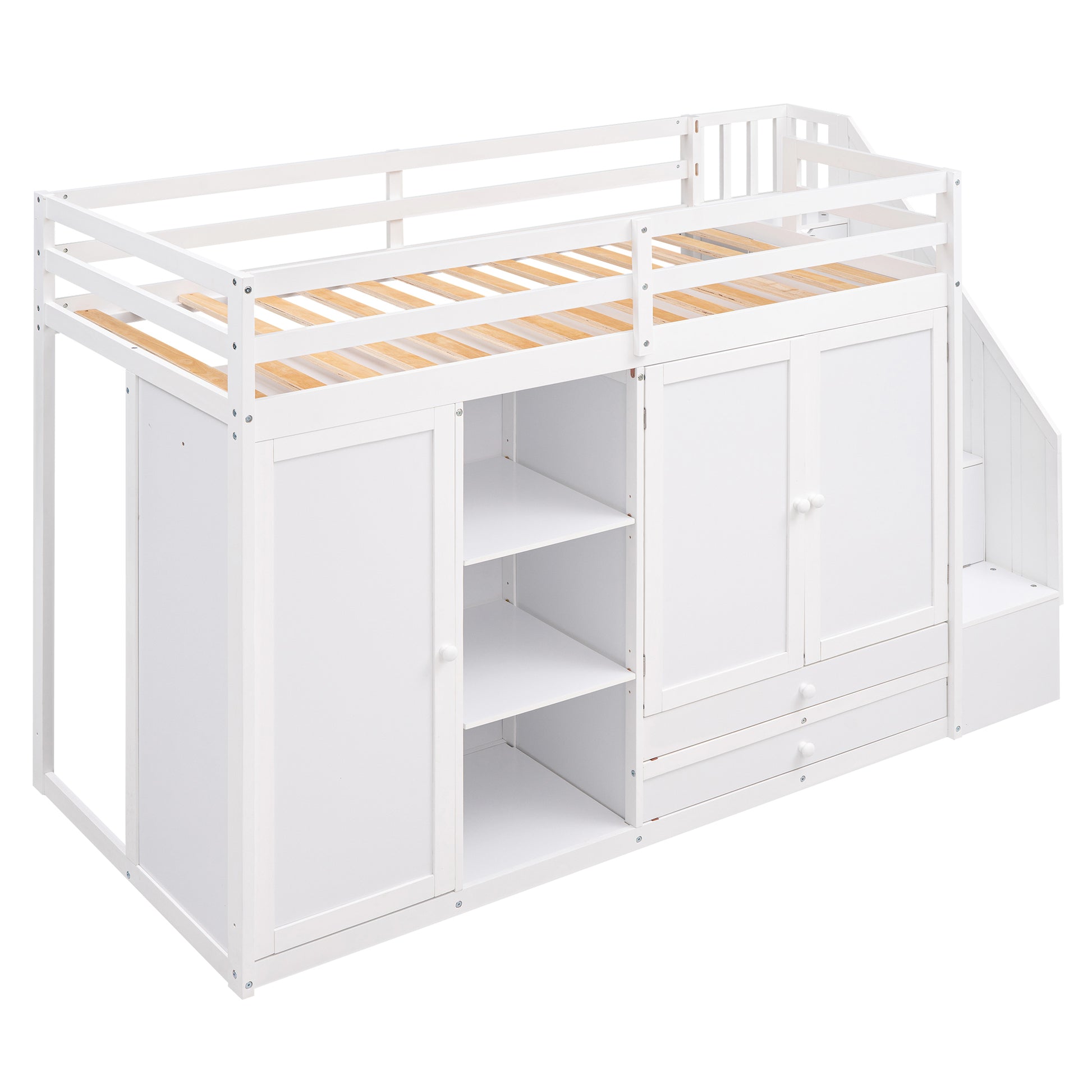 Functional Loft Bed With 3 Shelves, 2 Wardrobes And 2 Drawers, Ladder With Storage, No Box Spring Needed, White White Pine