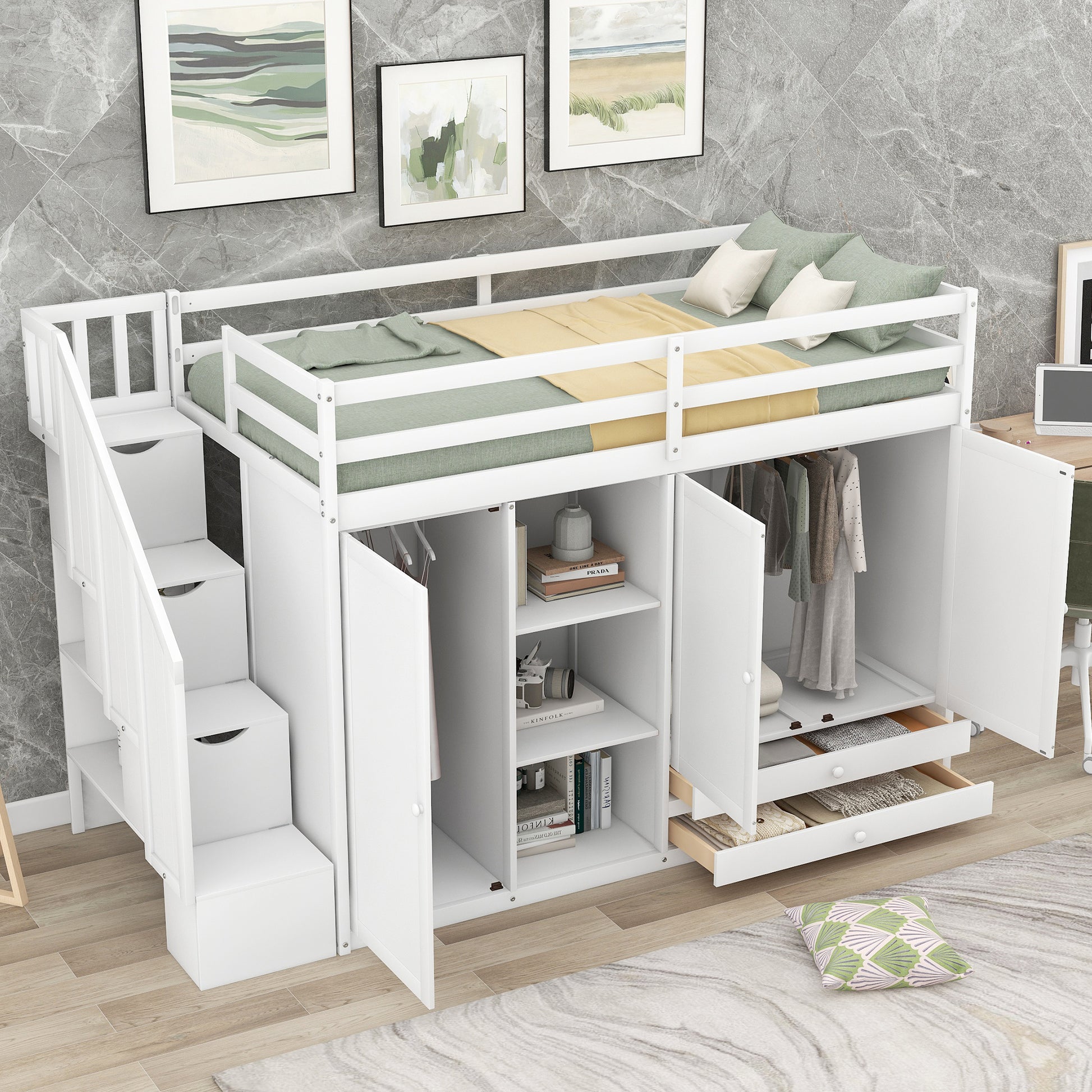 Functional Loft Bed With 3 Shelves, 2 Wardrobes And 2 Drawers, Ladder With Storage, No Box Spring Needed, White White Pine